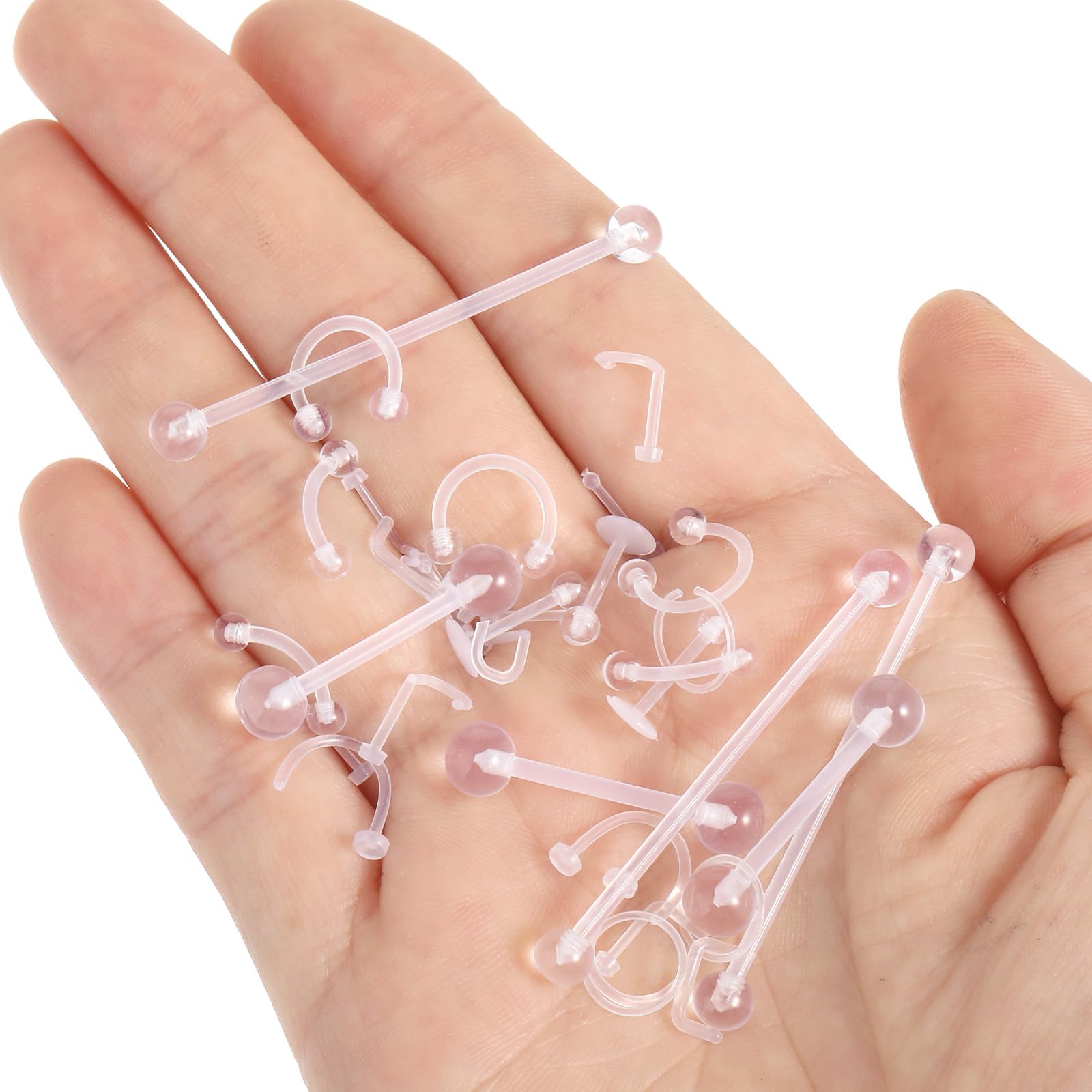 Tucnoeu 44-częściowy zestaw przezroczystych kolczyków do nosa, akrylowy, przezroczysty, piercing do brwi, wargi, nosa, języka, pępka, zestaw do piercingu, do pracy, chirurgii