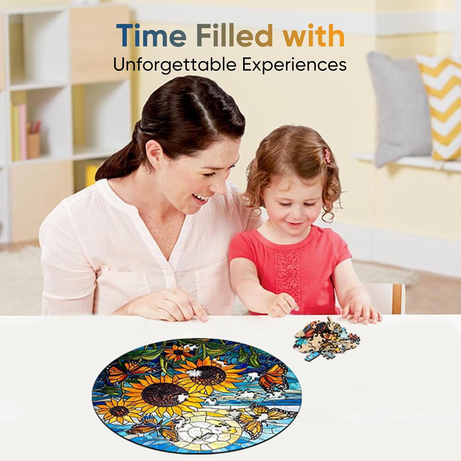 Qiuenisray Wooden Puzzles for Adults 500 Pieces, Sunflower Butterfly Jigsaw Puzzles FSC Certified Royal Unique Shape Adult, Wood Puzzles Creative Gift for Family Game 16.5x16.5 in