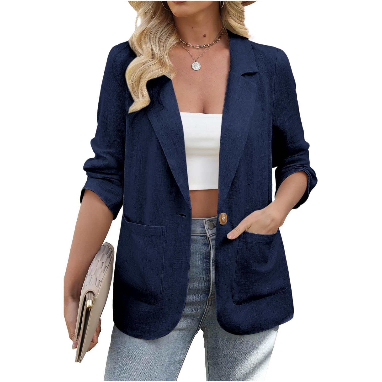 Womens Casual Linen Blazer Lightweight Spring Summer Jackets Fully-Lined Casual Work Jacket with Pockets Cardigan