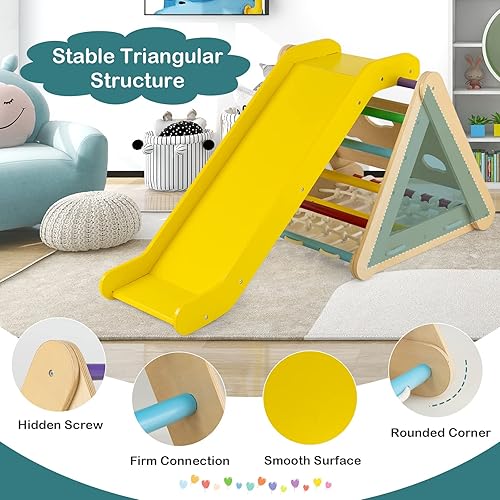 Miniatura 4 de Costzon Juguete de escalada 4 en 1 para niños pequeños, escalador de triángulo de madera Montessori de 3 lados con rampa deslizante, red de escalada