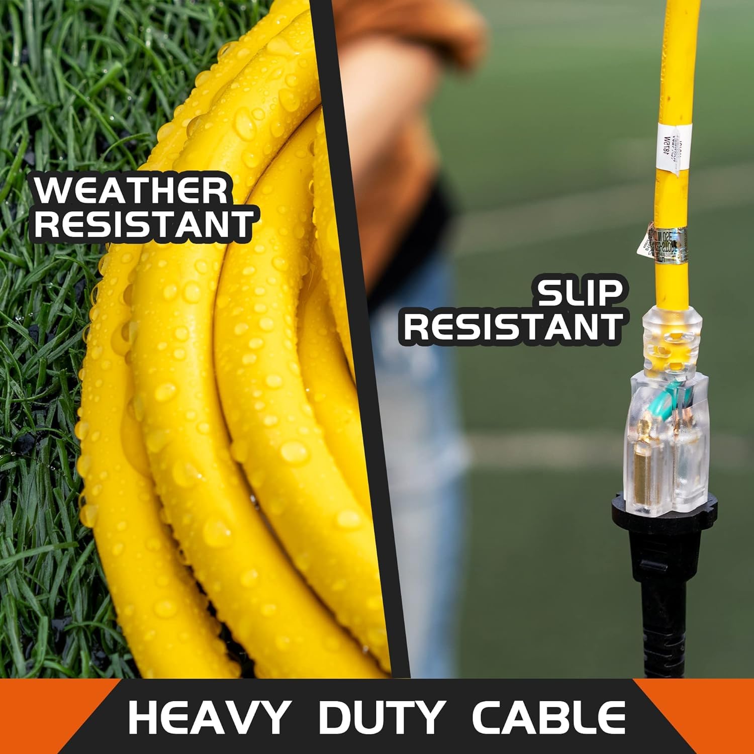 Cable de extensión para exteriores con iluminación de 12/3 de calibre 12, 3 puntas SJTW, cable de extensión amarillo resistente con enchufe de 3 puntas para mayor seguridad, certificado UL