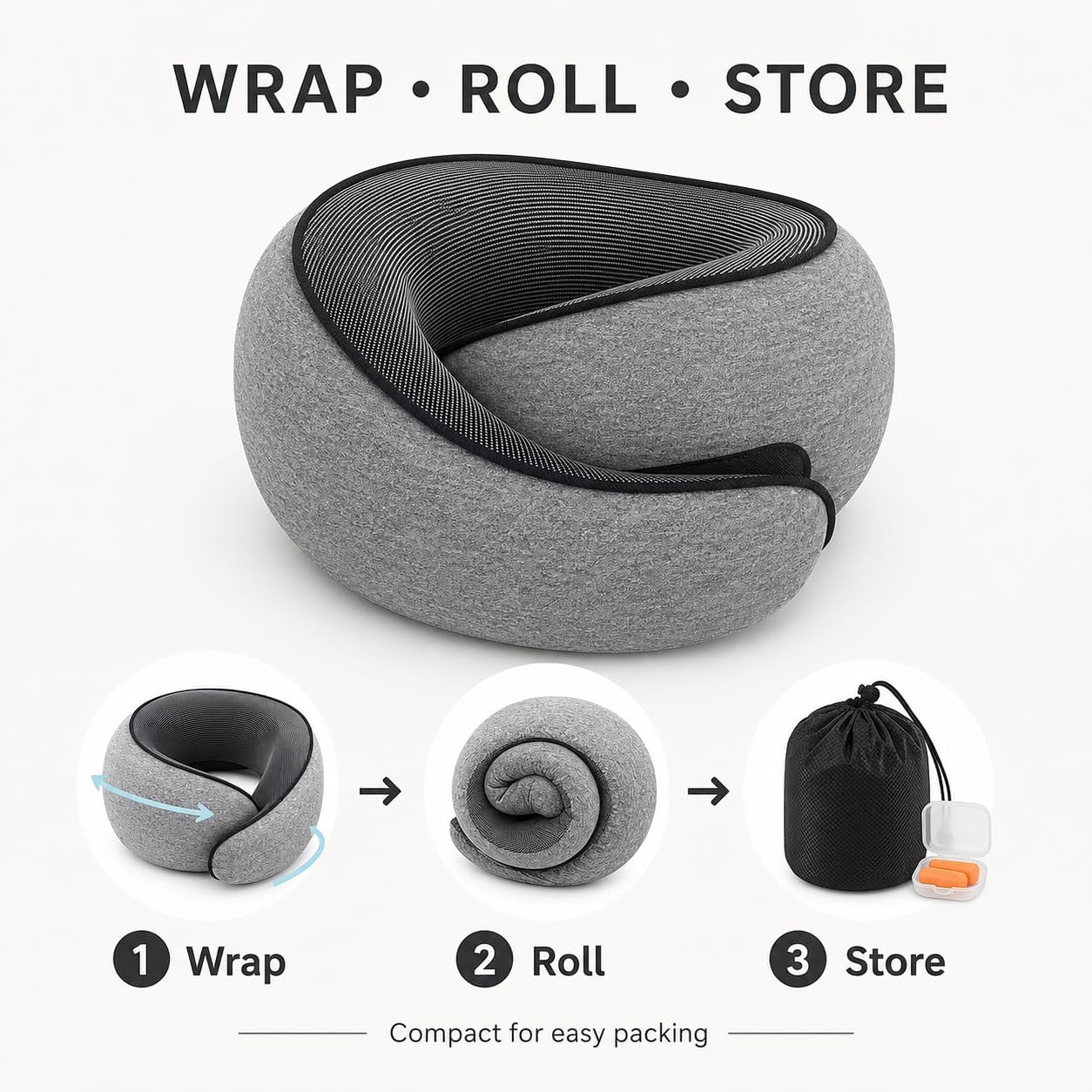 Memory Foam Travel Neck Pillow, Rollable U-Shaped Neck Support Pillow with Soft Breathable Cover and Storage Bag for Airplane, Car, Train and Office Rest