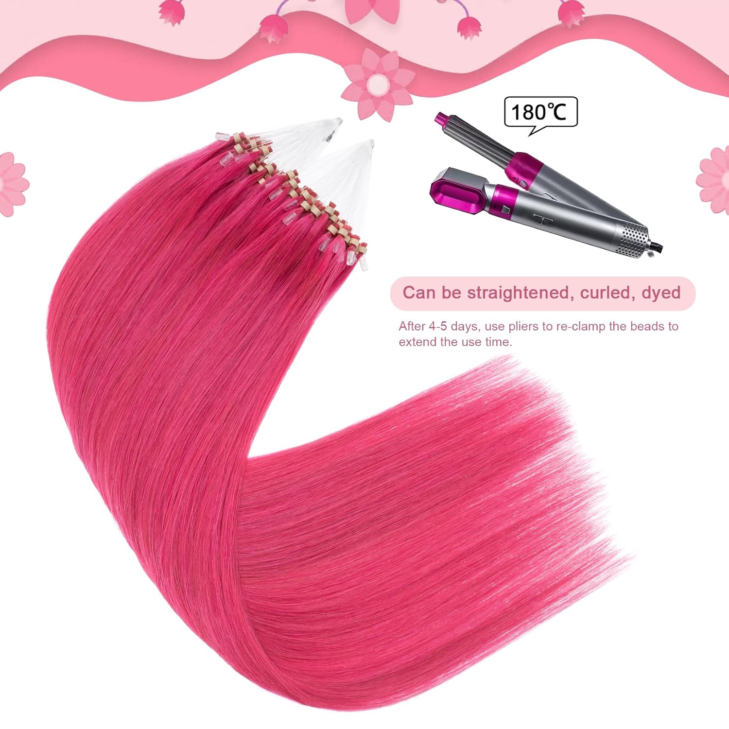 Micro Beads Hair Extensions Real Human Hair Brown Micro Loop Human Hair Extensions 18 Inch #Pink Straight Remy Human Hair Micro Link Hair Extension 1g/Strand 50g (#Pink, 18inch)