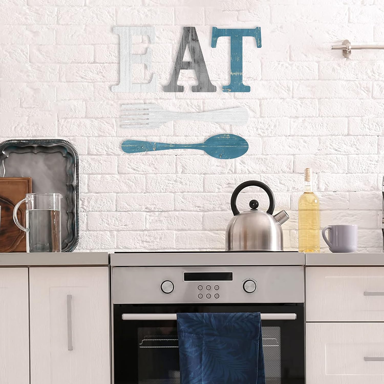 Set of EAT Sign, Fork and Spoon Wall Decor, Rustic Wood Eat Decoration, Cute Eat Letters for Kitchen and Home, Decorative Hanging Wooden Letters, Country Wall Art, Dining Room (Stylish Color)