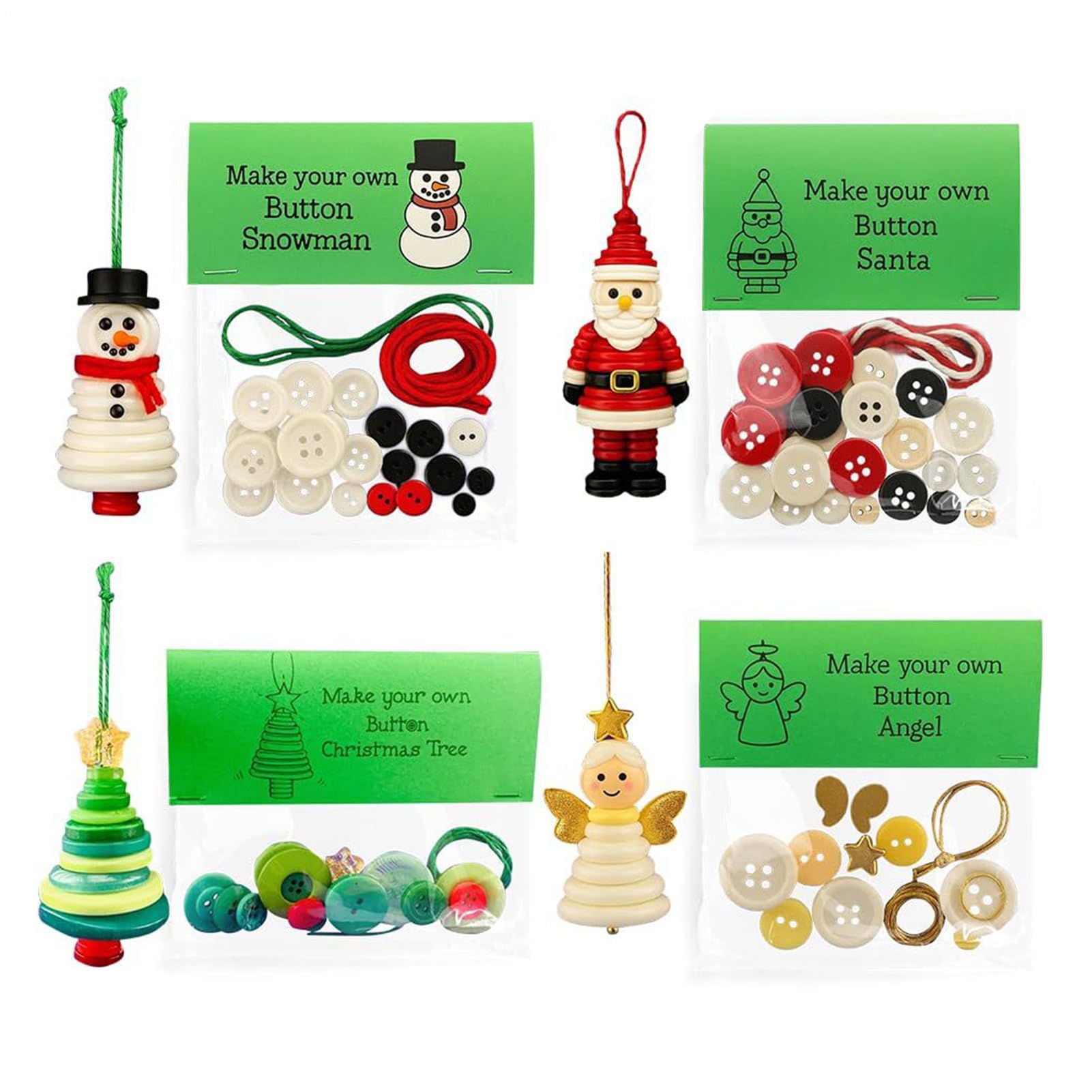 Button Christmas Tree Ornament Kits | 4 Pieces Christmas Buttons Pendant Making Set | Snowman Buttons Decorative Art Supplies | Fun Holiday Hanging Ornament for Tree Window Decorations