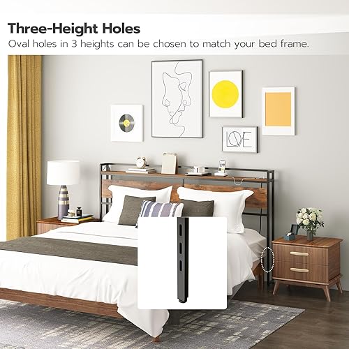 Miniatura 4 de HOOBRO Cabecera tamaño King, cabecera con 2 salidas y 4 puertos USB, altura ajustable, estante de almacenamiento, resistente y estable, fácil