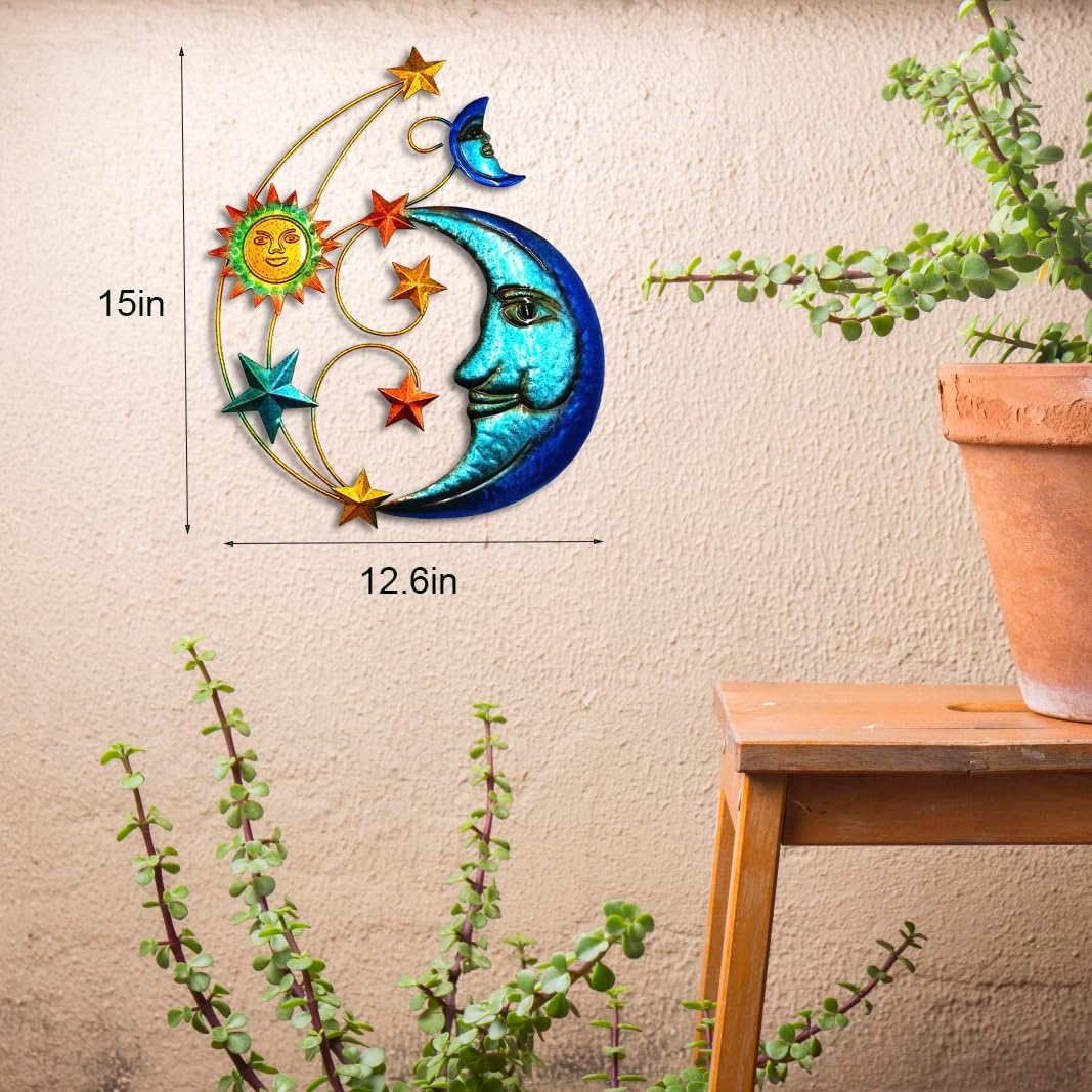 Metal Sun Outdoor Wall Art Decor, Large Size 17'' Sun Face Metal Wall Sculpture with Moon & Stars for Home Wall Decoration Living Room, Bedroom, Outside Decor for Yard, Patio, Garden Fence Deck Pool