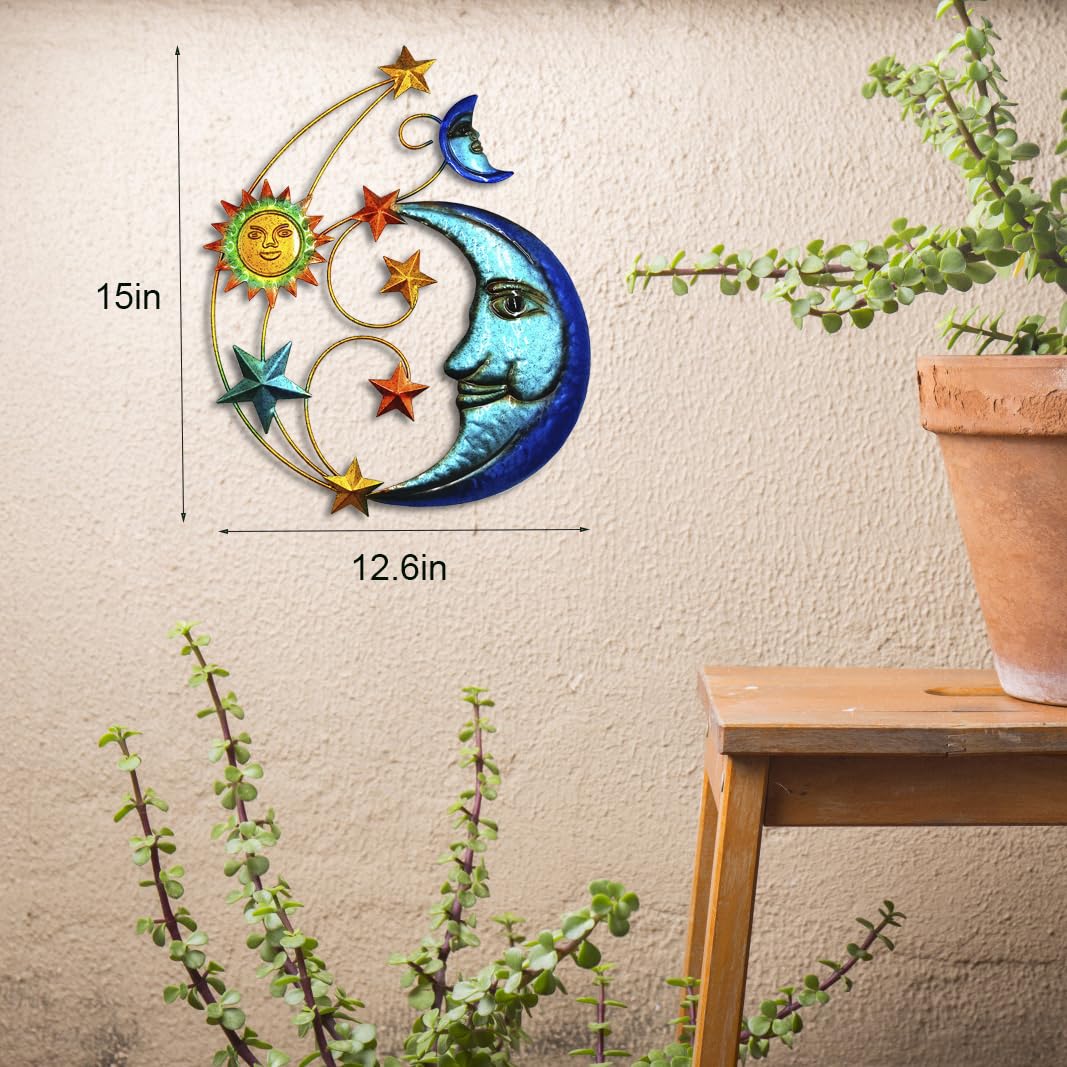 Décoration murale d'extérieur en métal de 43,2 cm, sculpture murale en métal avec lune et étoiles pour décoration murale d'intérieur, salon, chambre à coucher, cour, patio, jardin, clôture, terrasse,