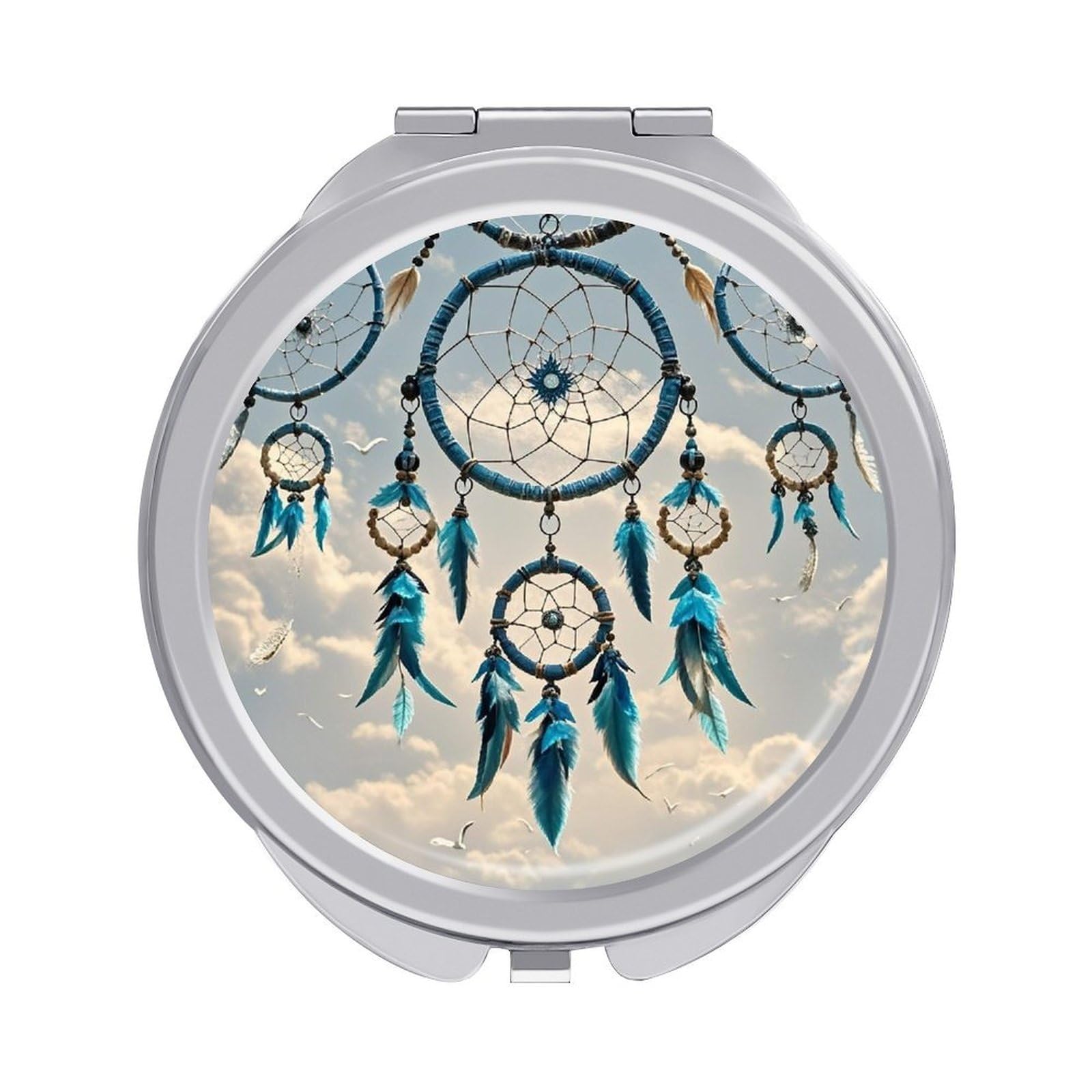FekiLoot Native Dream Catcher Travel Makeup Mirror for Women Folding Portable Hand Compact Mirrors Small Round Vanity Mirror 1X/2X Magnifying Metal Pocket Makeup Mirrors