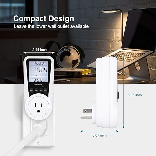 Miniatura 6 de SURAIELEC Medidor de Vatios, Medidor de Energía de Enchufe, Calculadora Automática de Costos, Pantalla Grande Retroiluminada, Protección Contra