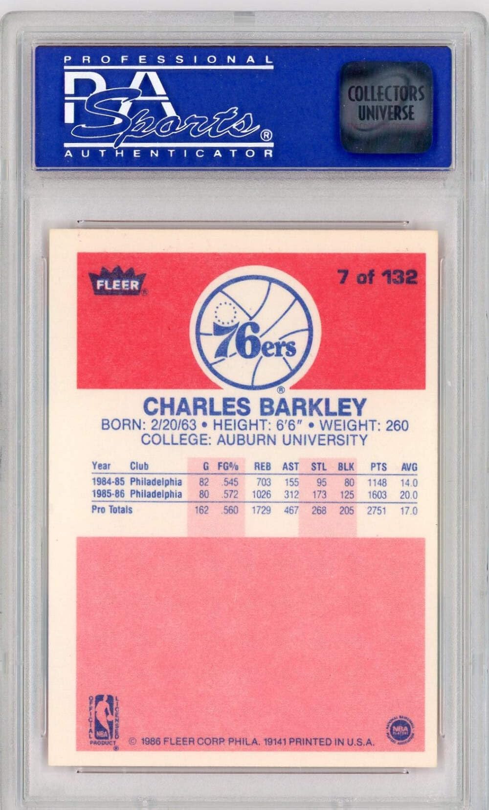 Graded 1986 Fleer Charles Barkley #7 Rookie RC Basketball Card PSA 8 NM-MT