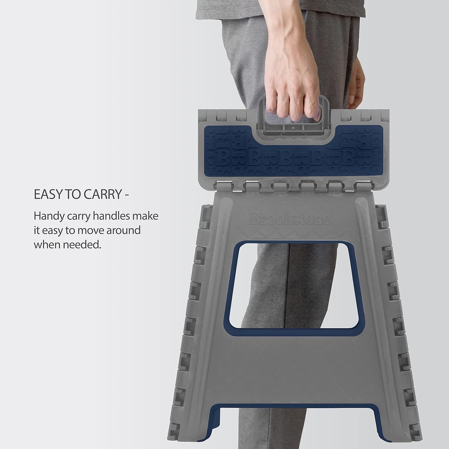 BROOKSTONE 16” Folding Step Stool for Adults, Non-Slip Textured Grip Surface, Foldable Space Saving Design, Carrying Handle, Holds Up to 300 Pounds, for Kitchen and Rest of Home, Gray