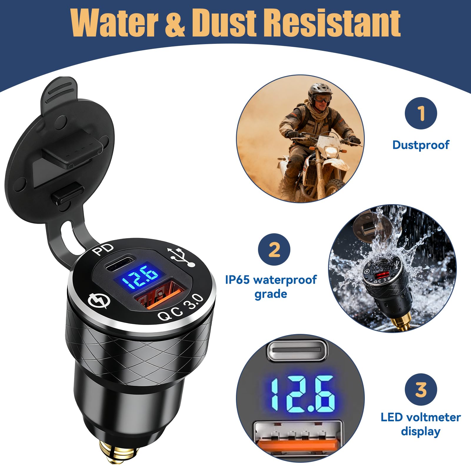 Toma USB C DIN para moto cargador, 30 W PD3.0 y 18 W QC3.0 Dual USB Din Hella Socket Plug Impermeable Aluminio Adaptador para encendedor de cigarrillos con LED Voltmeter, para 12 V/24 V Ducati Triumph
