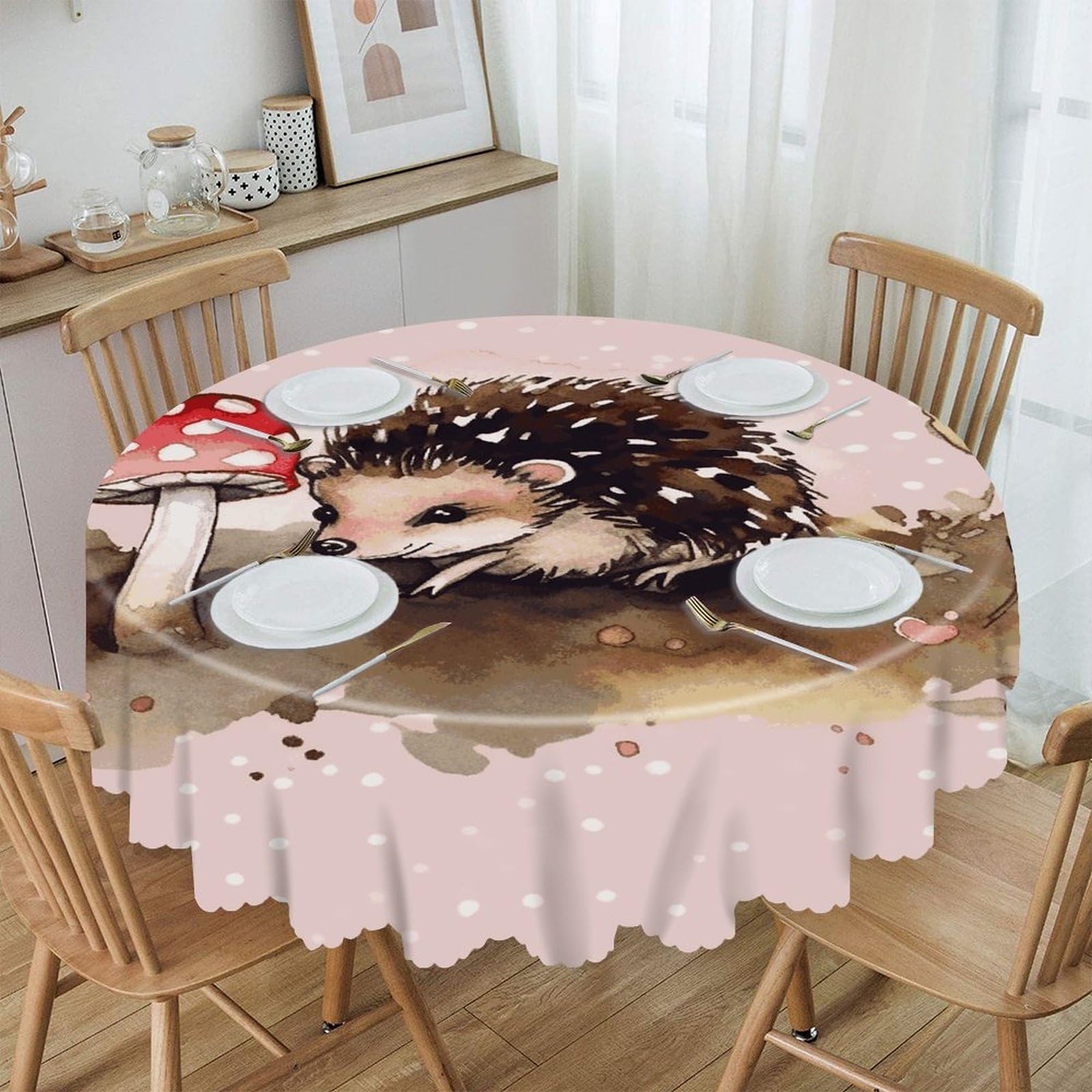 Btcowzrv Style Hedgehog Watercolor Painting Polyester Round Tablecloth 59.84 Inch, Decorative Washable Table Cover, Table Cloth For Restaurant Picnic Indoor And Outdoor Dining
