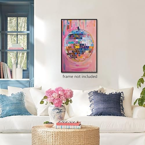 Miniatura 4 de Lienzo de bola de discoteca rosa suave de moda, arte de pared, diseño de bola de espejo plateada con textura de bola de espejo maximalista,