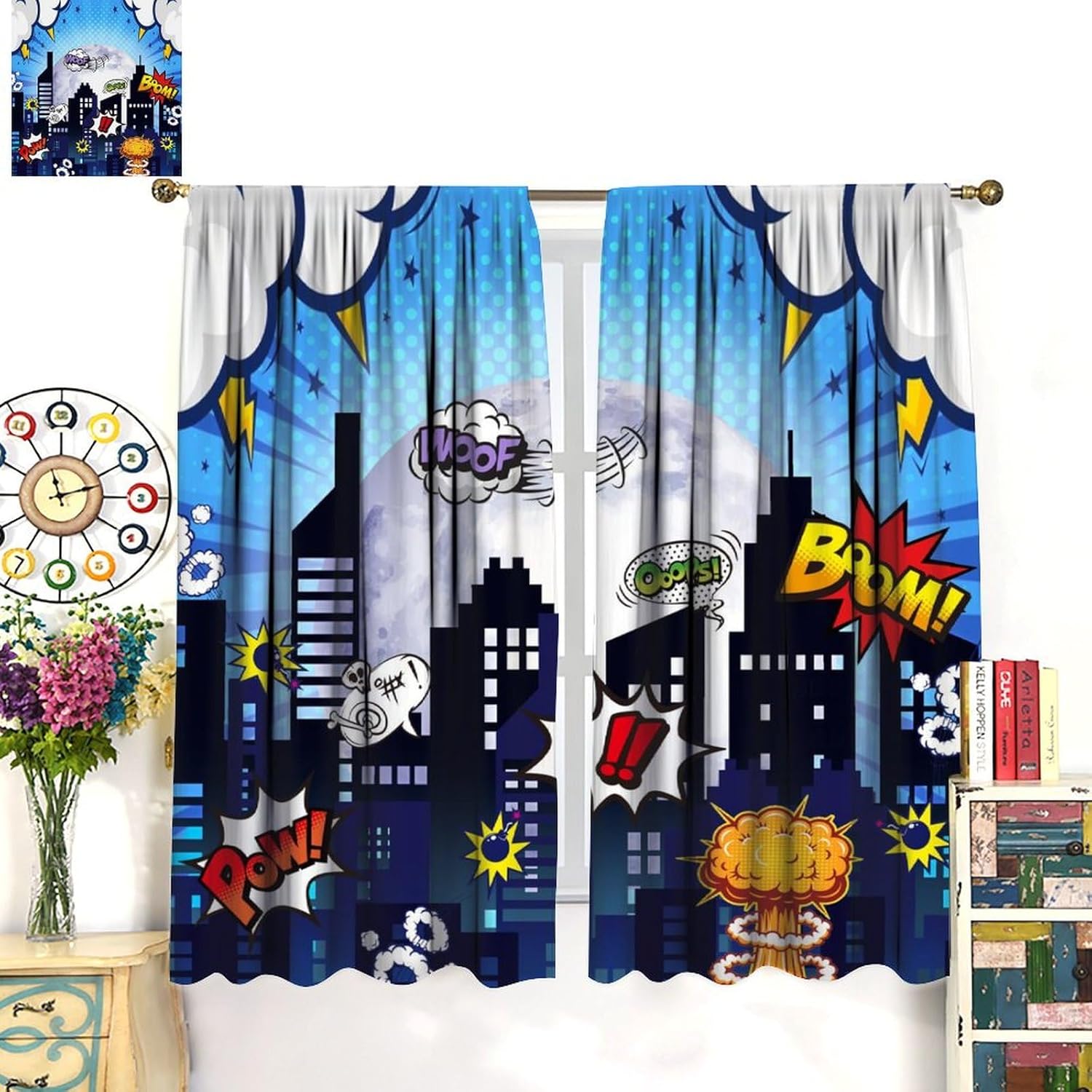 Brebasf Funny City Theme Blackout Curtains for Living Room,Cartoon Boys Room Decor City Nights Comic Style Room Darkening Window Curtains with Rod Pocket - 2 Panels 63" L x 21" W