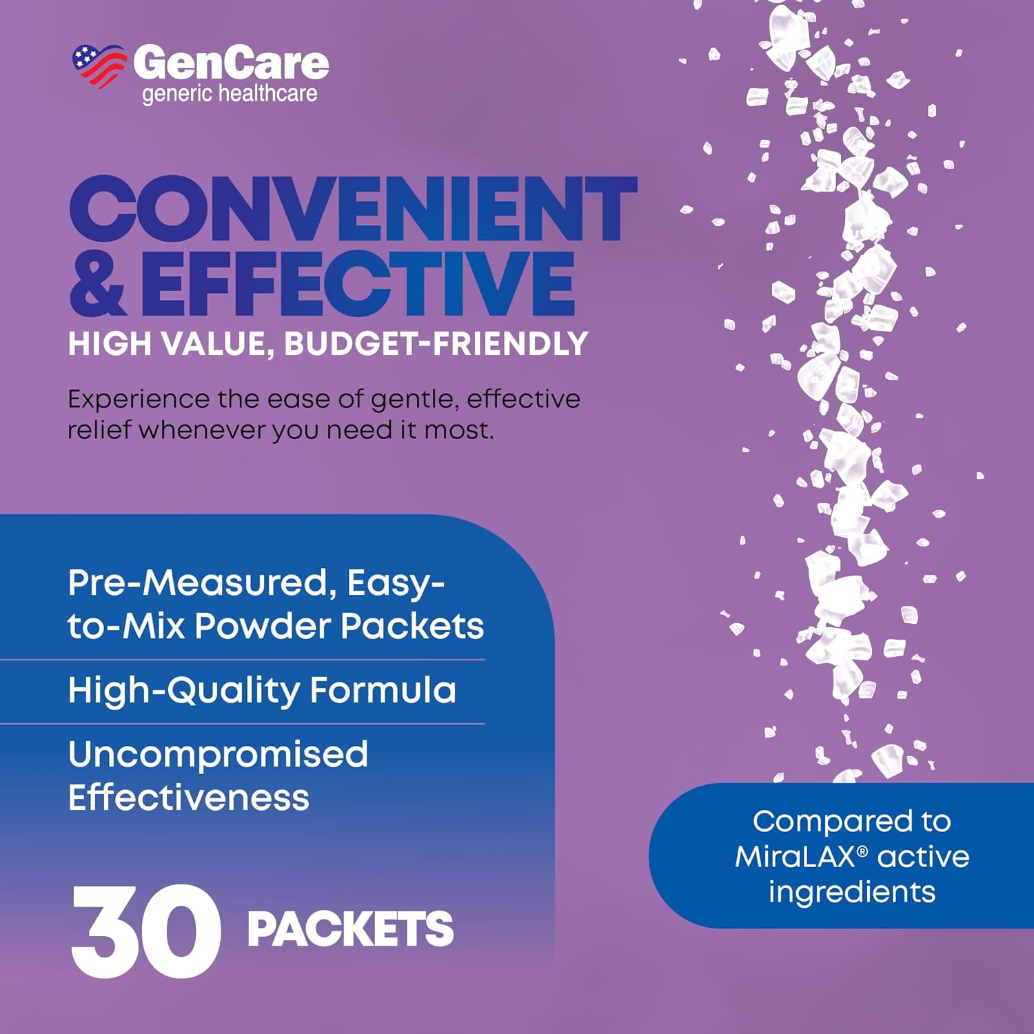 GenCare Polylethylene Glycol 3350 Powder for Solution – 30 Travel Packets – Unflavored Grit-Free Clear PEG 3350 for Occasional Constipation Relief for Women & Men – Generic MiraLAX Laxative Powder