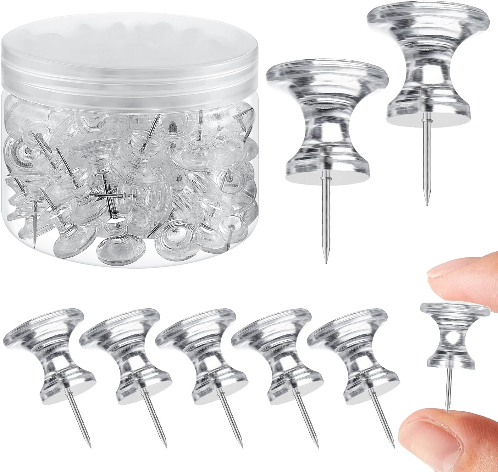 Outus 60 Pcs Giant Push Pins Jumbo Tacks 1 Inch Plastic Head for Cork Board Map Posters Decorations Gifts Under 10 Dollars (Clear)