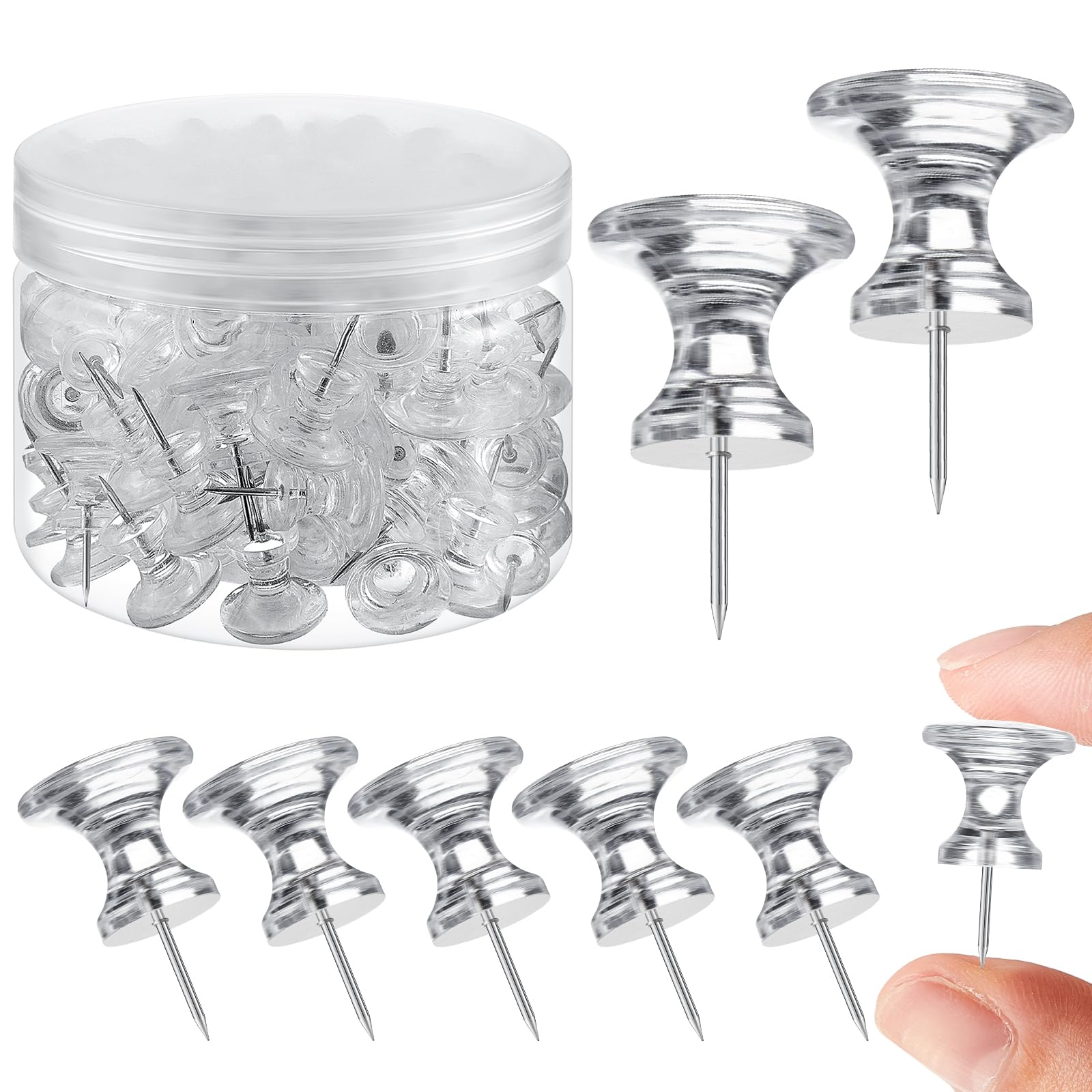 Outus 60 pcs Giant Push Pins Large Thumb Tacks Jumbo Tacks 1 Inch Plastic Heads Pins for Cork Board Map Posters Office School(Clear)
