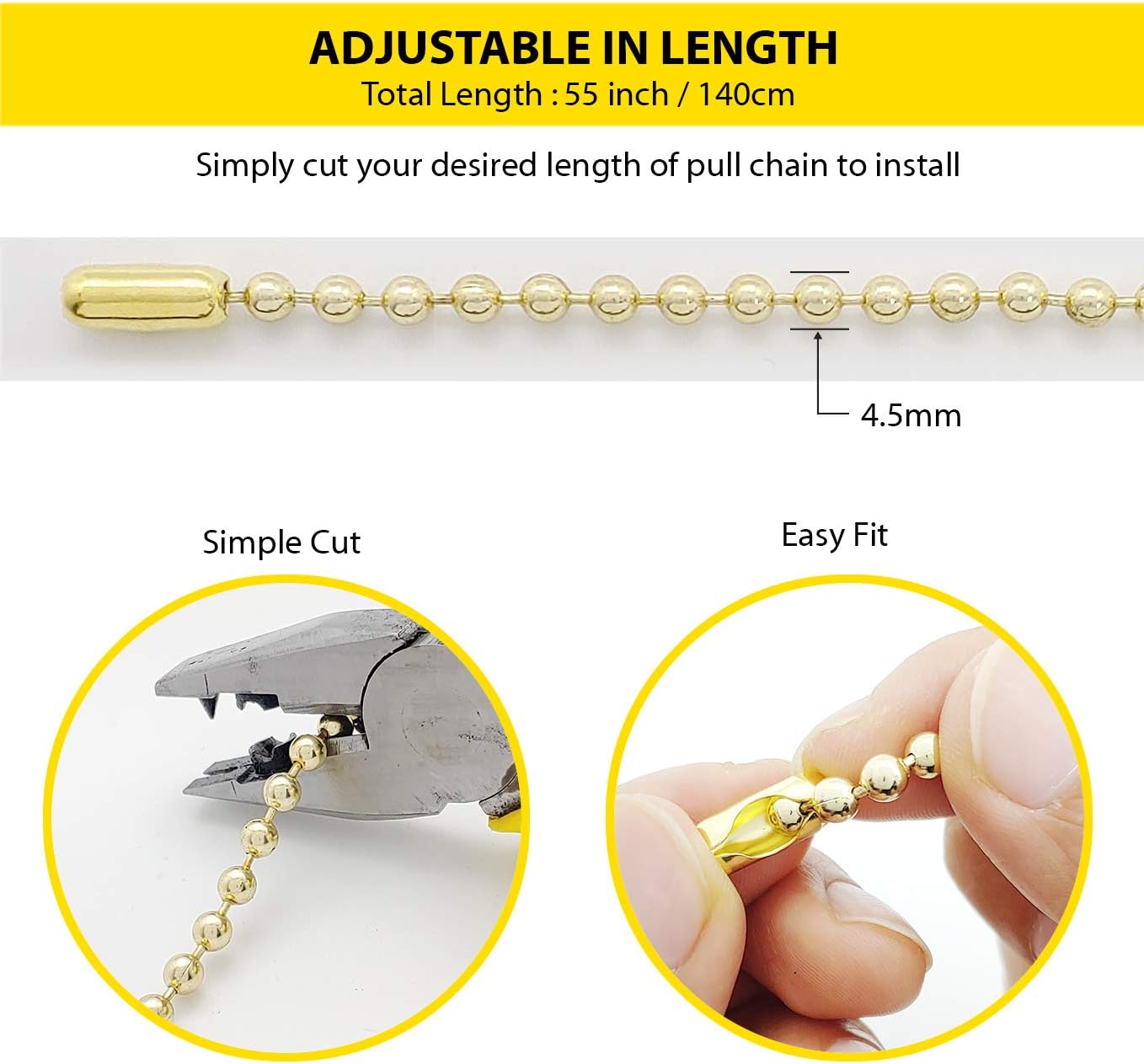 Gold Shower Curtain Hooks, 55 Inch Ball Chain Design, 12 Pack Rust-Resistant Metal Curtain Rings for Bathroom Rods, Heavy Duty 4.5mm Shower Curtain Hangers