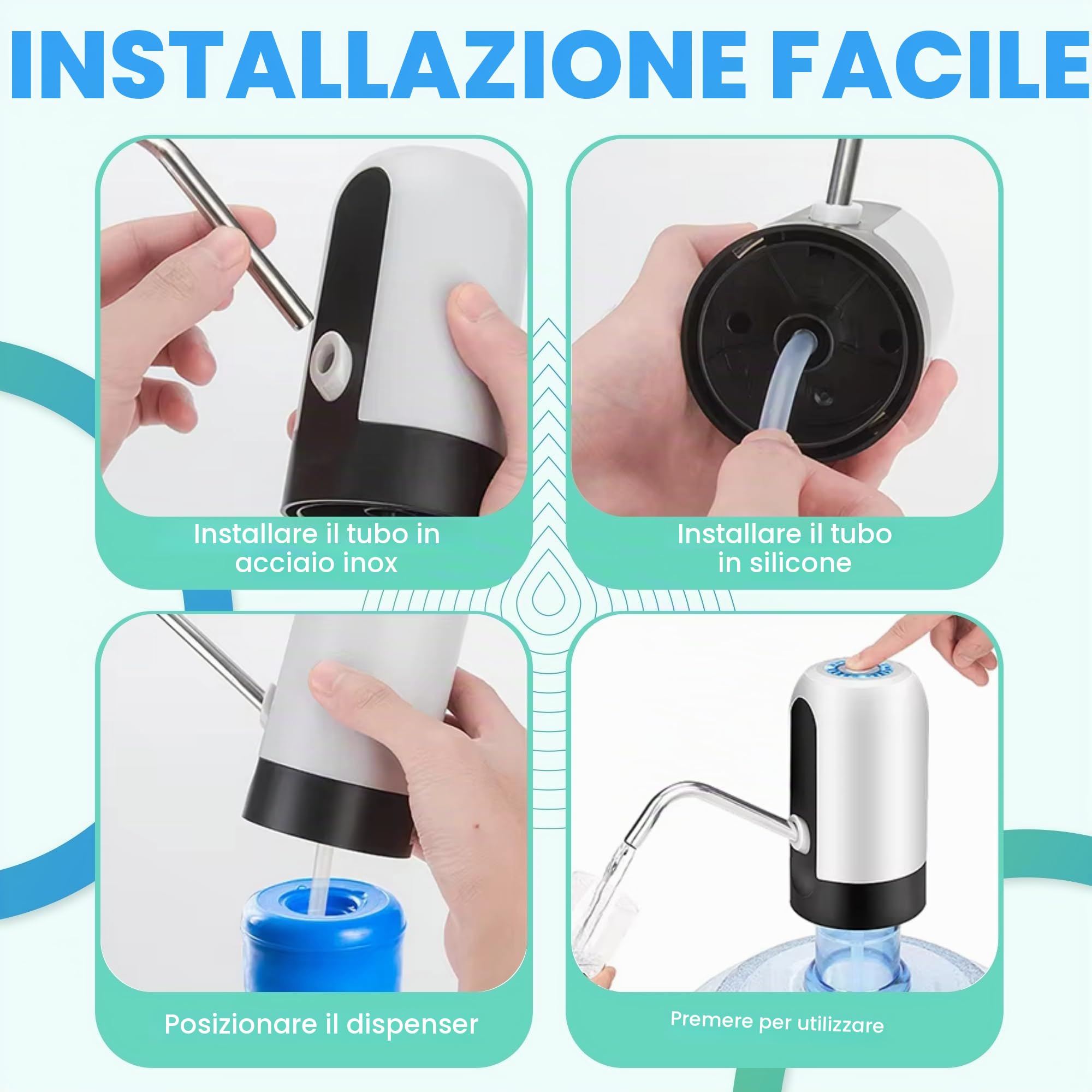 Distributore di acqua, rubinetto elettrico per lattine di acqua fredda, pompa dosatrice con due adattatori. 5,7L, 10L, 11,3L, 15L, 18,9L.