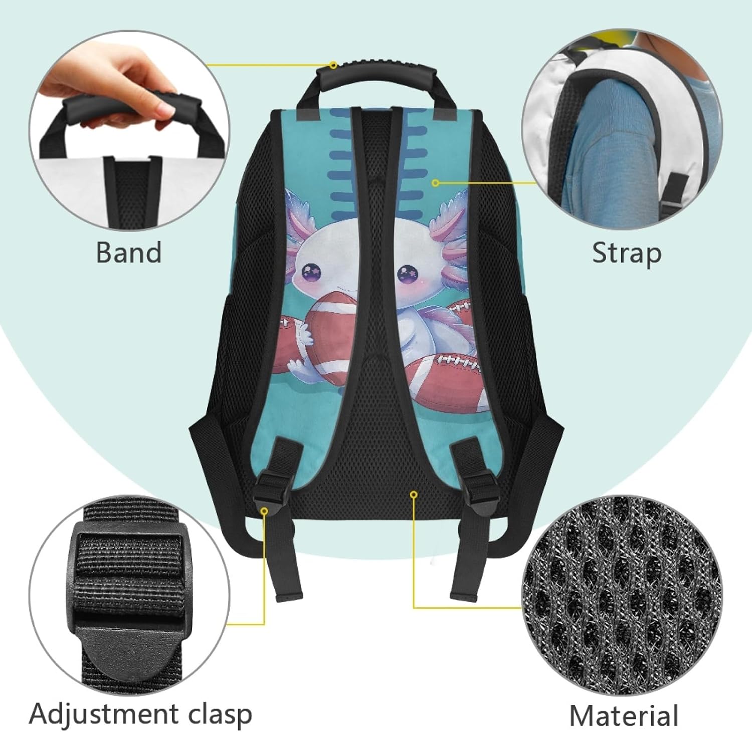 Hawapod Backpack For Men Teens Boys Axolotl Rugby Patterns Cute Bookbag Durable Lightweight Travel Bag