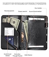 Vista 3 de RYUITHDJP Libreta para mesera, libros de camarera con bolsillo con cremallera, diseño de flor de cerezo, negro, organizador de libros de servir