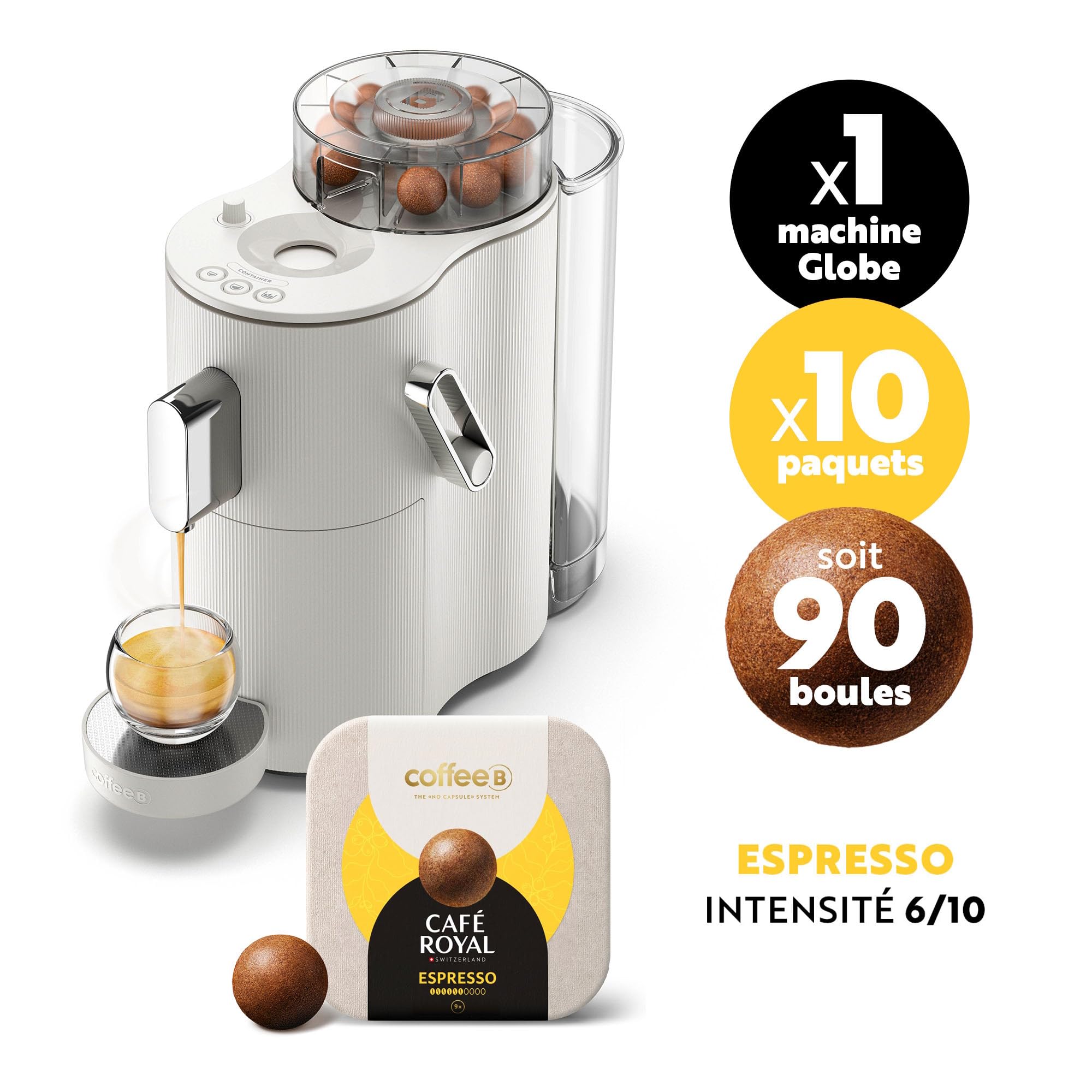 CAFE ROYAL SWITZERLAND PROFESSIONAL CoffeeeB - Macchina da caffè a globo bianco 1,3 l, con 90 palline da caffè espresso, 100% compostabili