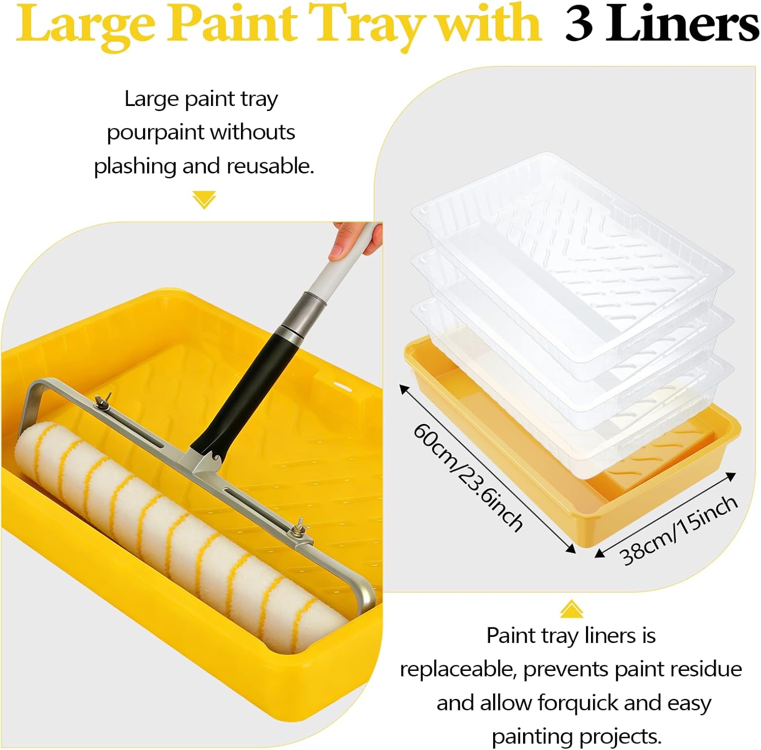18 Inch Paint Roller Kit, 14 Pack Paint Roller Set with 2-4 Ft Extension Pole, Paint Tray Liners with Plastic Sheeting for Painting Walls Ceilings House Corner Stain (White and Yellow)