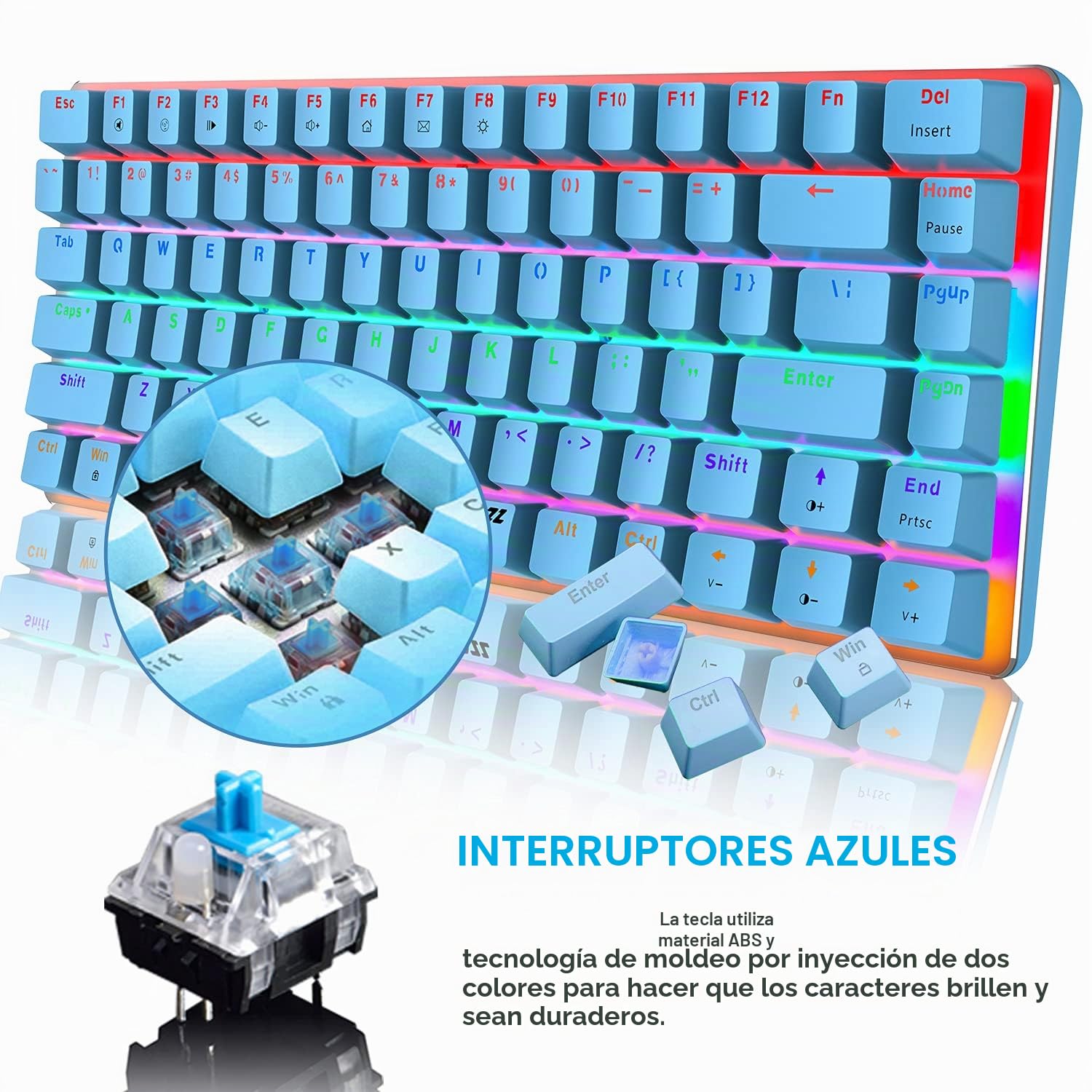AK33 Teclado Mecánico con Cable con Retroiluminación Arcoíris-Azul | Interruptores Azules, USB-C, Diseño Compacto TKL De 82 Teclas, Función Anti-ghosting, Para Jugadores Y Mecanógrafos