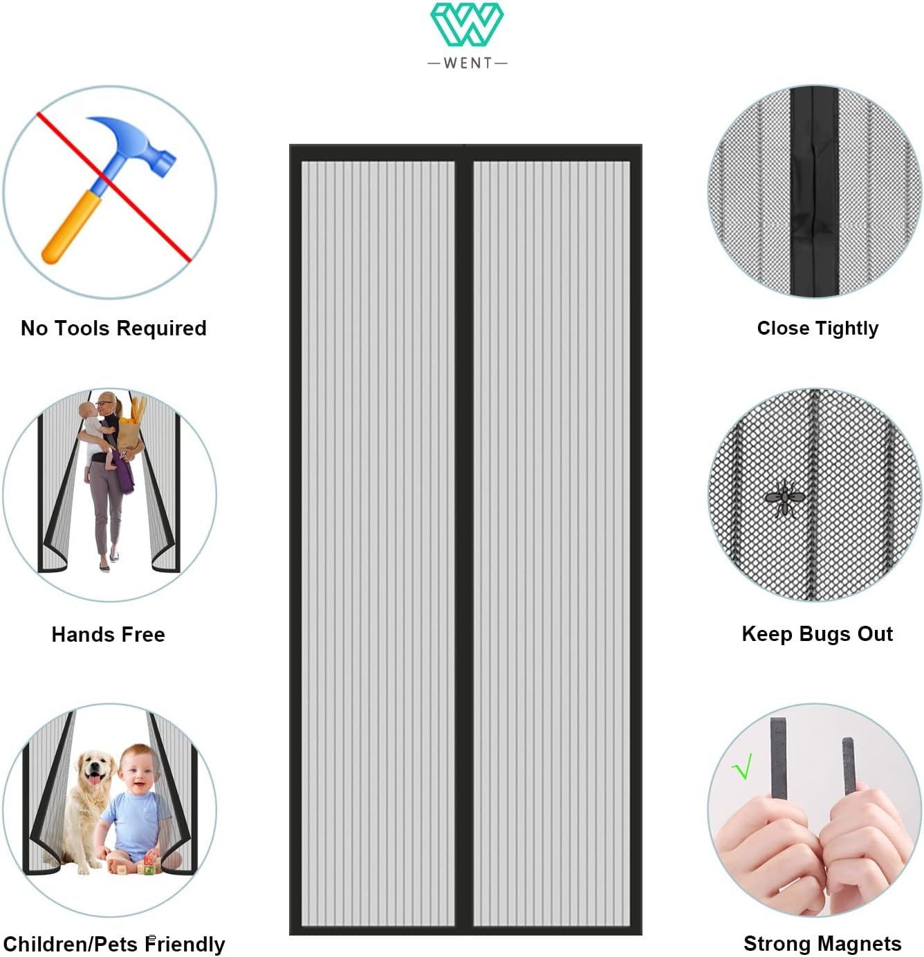 Screen Door Magnetic, Upgraded Quality, Fits Doors up to 34 x 78 Inch, Screen Size 36" x 78.7" Kid and Pet Friendly, Heavy-Duty Reinforced Hands-Free Mesh Curtain, Black - - 