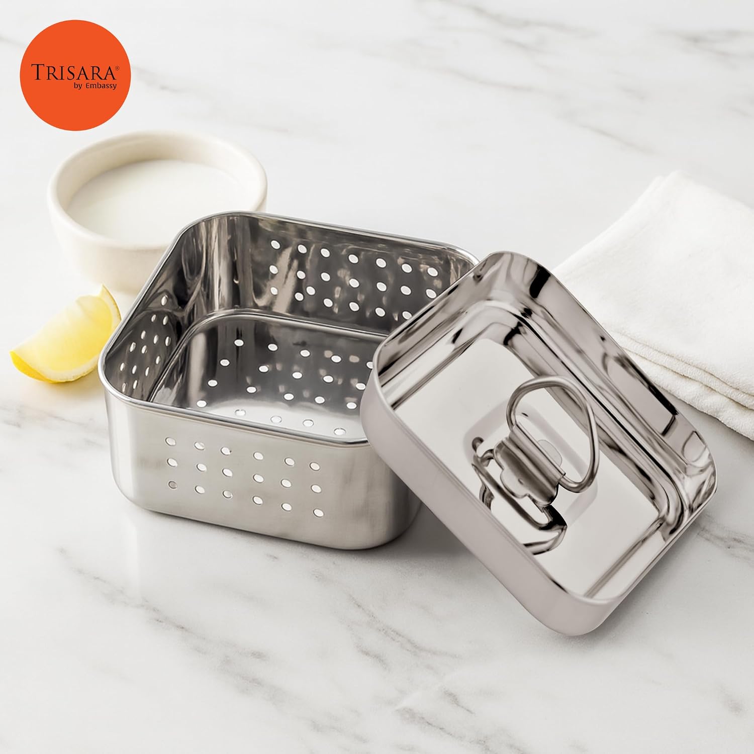 Trisara Stainless Steel Square Paneer Maker/Mould with Lid | 12.5x12.5 cm |Size 3|Curd/Cheese/Tofu Maker | Strainer for Paneer/Tofu | Homemade Paneer Press/Machine