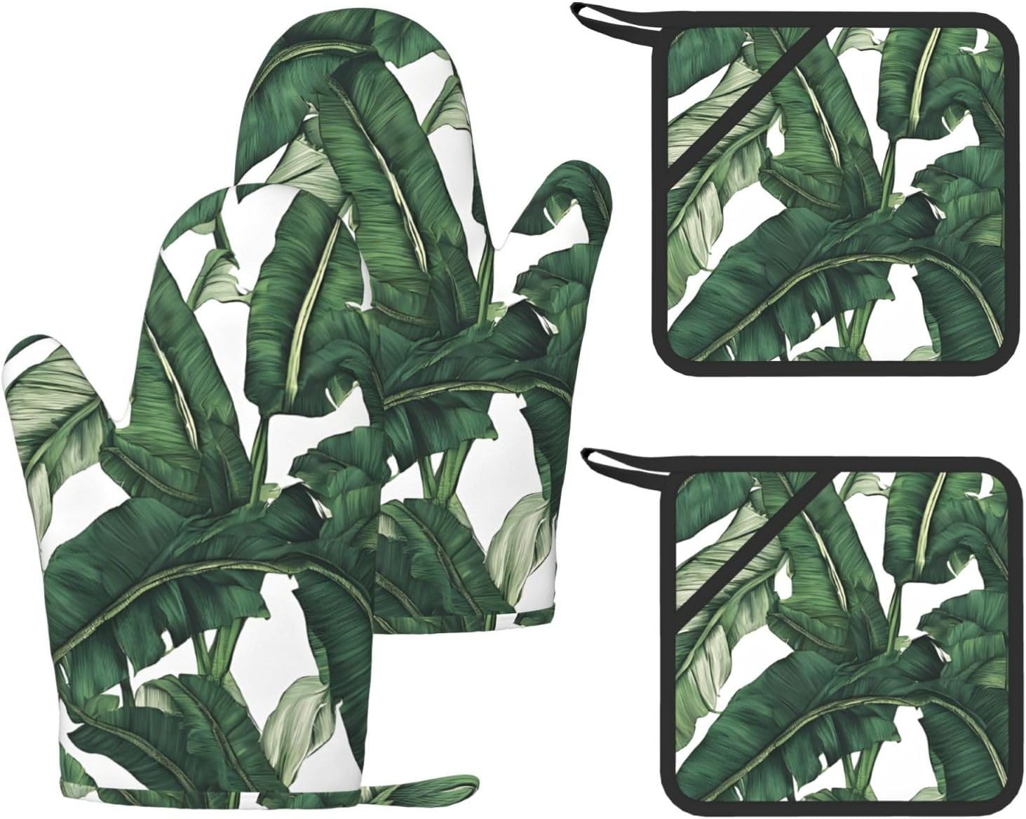 Tropical Banana Palm Leaves 4pcs Oven Mitts and Pot Holders Sets for Kitchen, Silicone Oven Gloves Non-Slip Potholders Hot Pads for Baking Cooking