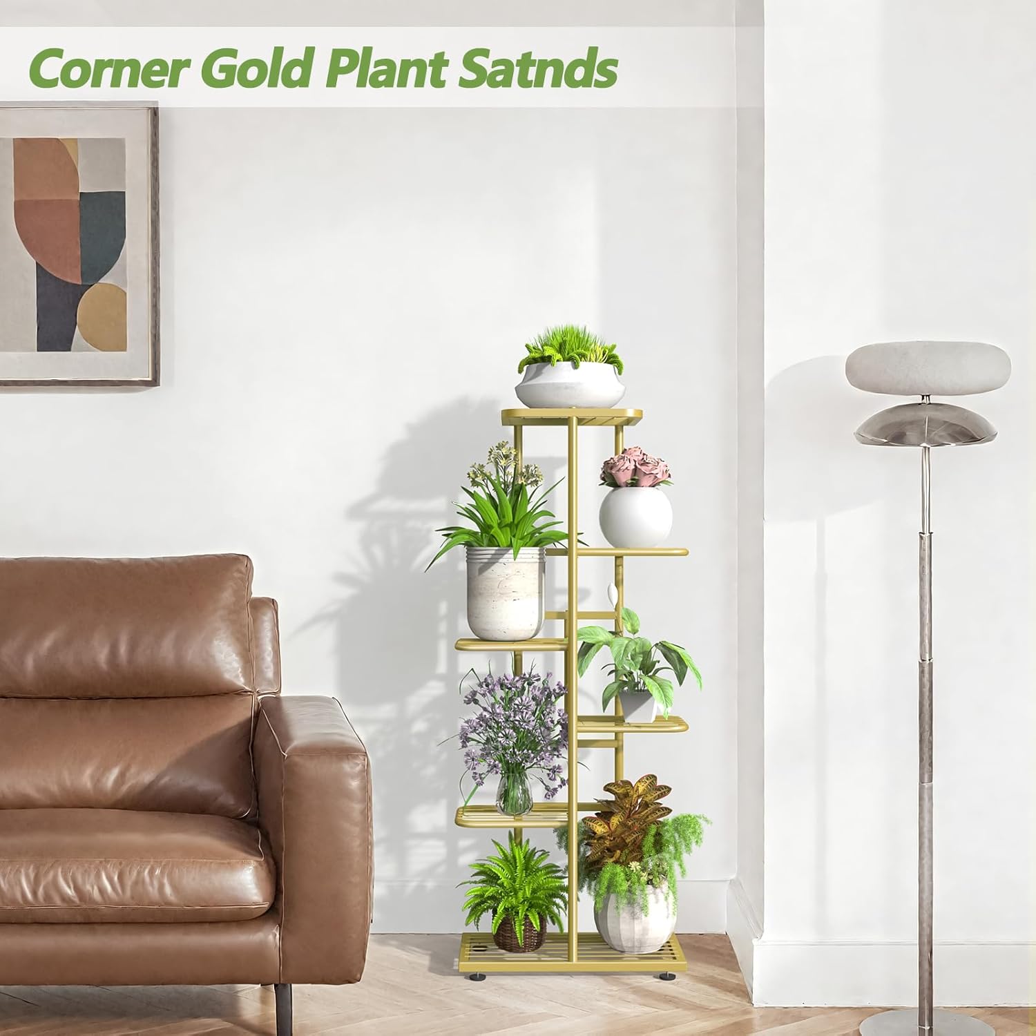 6 Tier Gold Plant Stands Indoor Outdoor, Upgraded Corner Metal Plant Rack Shelf for Multiple Plants, with Gardening Tools and Gloves, Tall Flower Pot Holder Display for Patio, Balcony