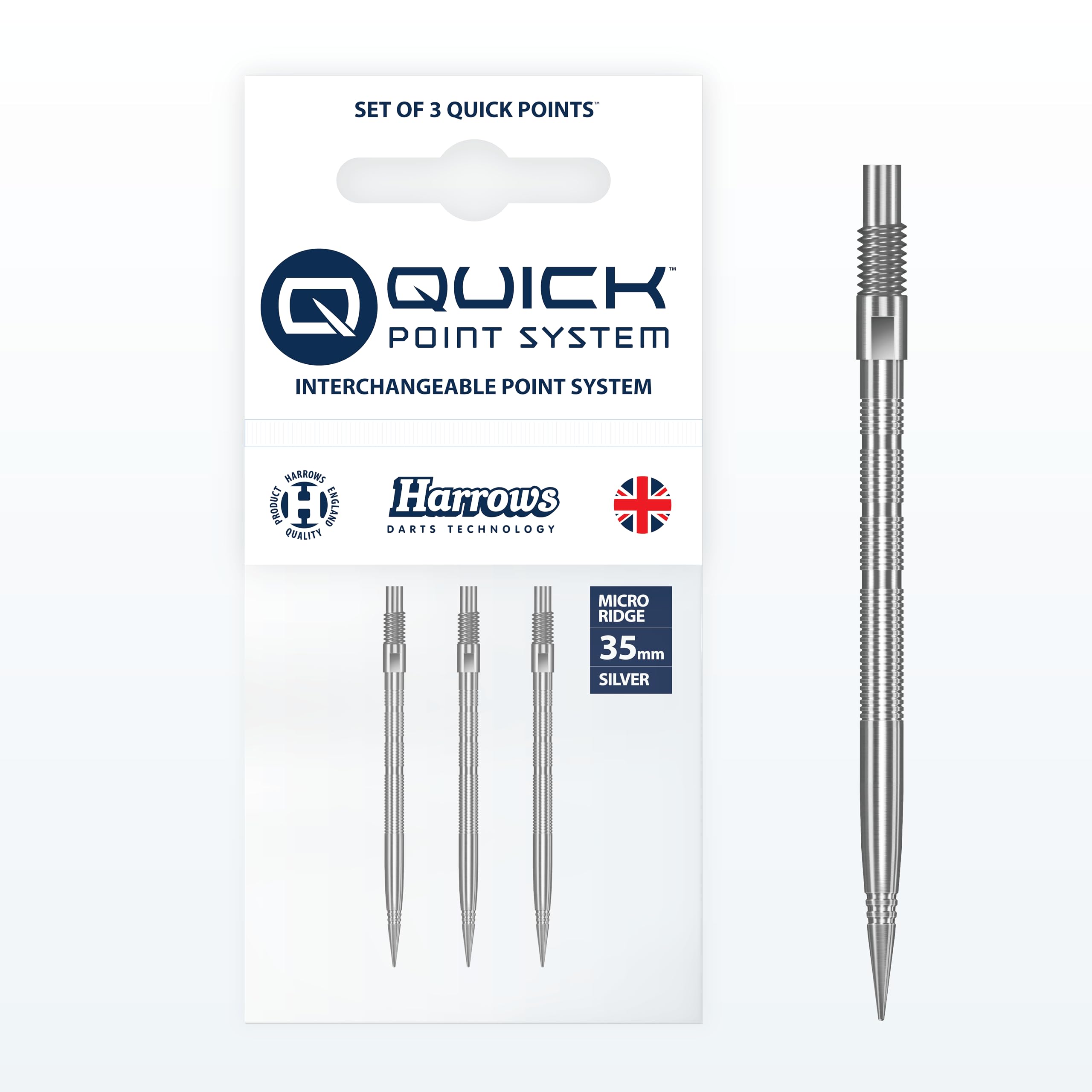 Harrows Micro Grip Quick Points – Precyzyjne frezowane CNC ostrze do dart z ulepszonym chwytem palców i konstrukcją odporną na złamania – System szybkiej wymiany ostrza (35mm, srebrny)