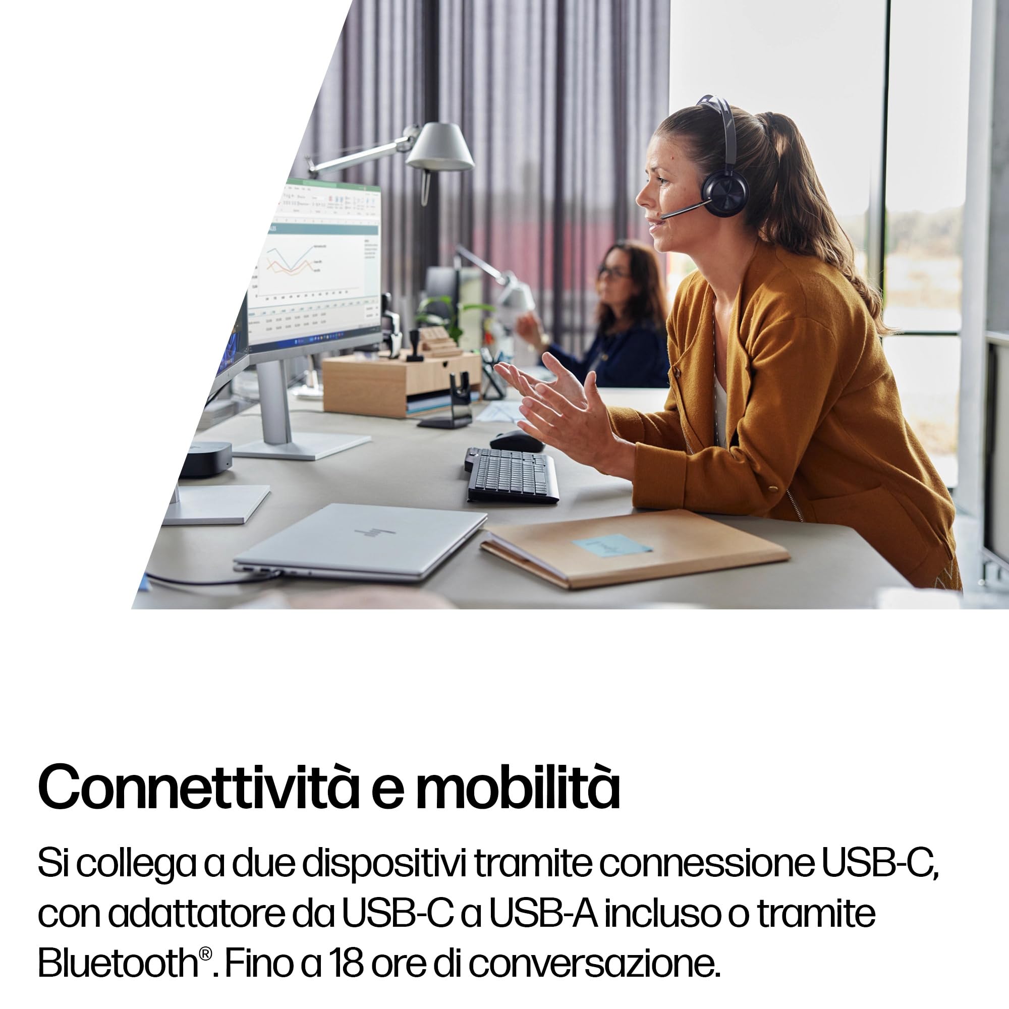 Poly Voyager Focus 2 UC, Cuffia Senza Filo, Connessione Bluetooth 5.1, Dongle USB-A e USB-C BT700, Cuscinetti in Similpelle, Autonomia 40 Ore, Base di Ricarica, Compatibile con Windows e macOS, Nero
