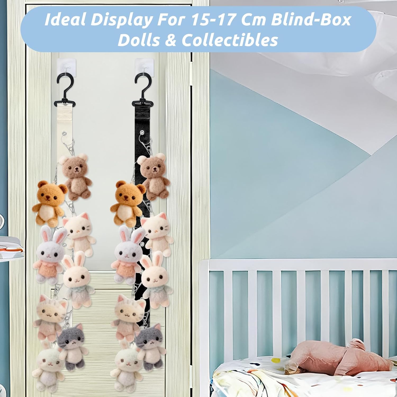2Pcs Plush Doll Hanging Rope Display with 8 Clips, Stuffed Animal Storage Wall Hanging Organizer Plush Doll Holder for 15-17cm Blind Box Style Dolls