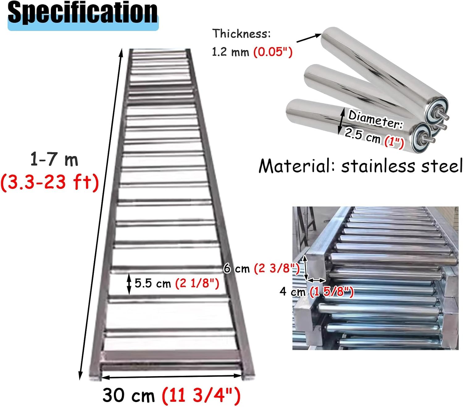 Foldable Roller Conveyor Belt Table - 1" Diameter Galvanized Steel Rollers, Ideal for Warehouse Freight Handling, 1m/3.3ft Portable Solution