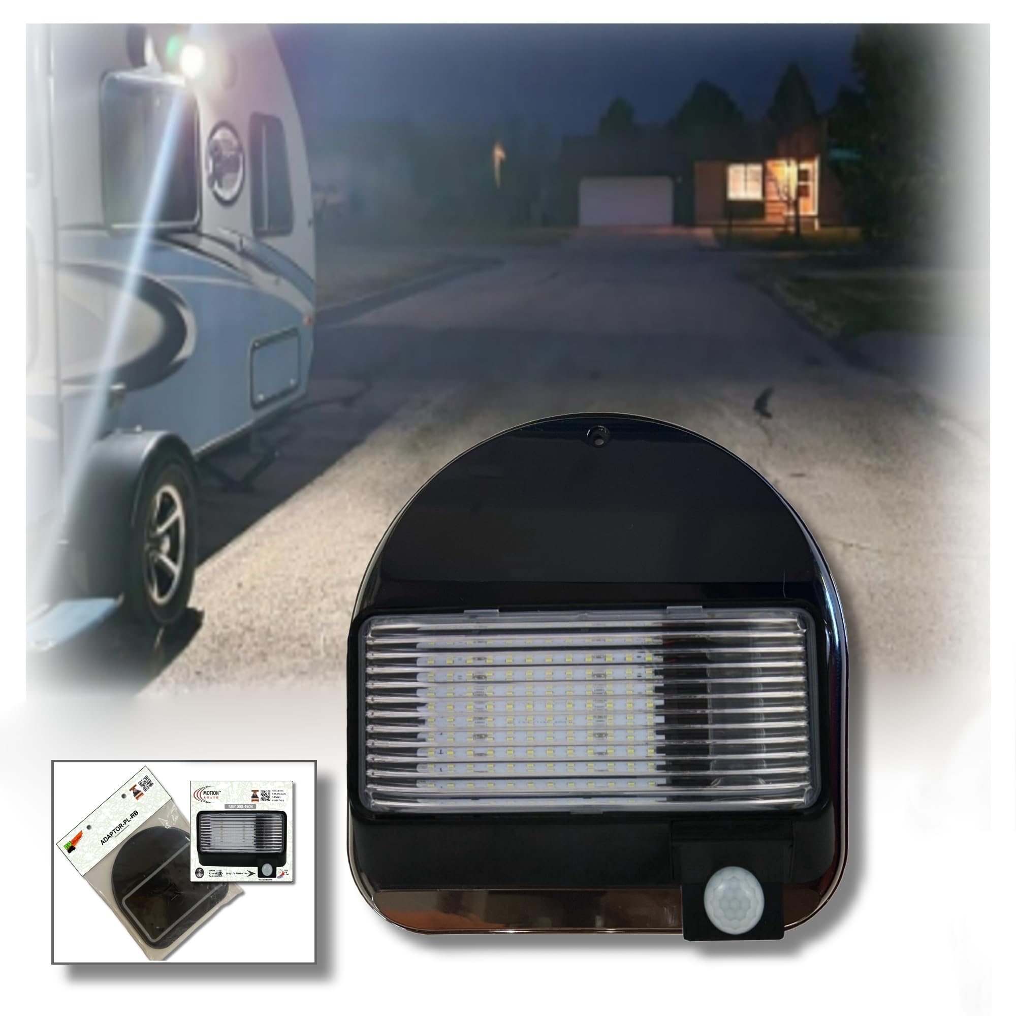 MG1000-450B-RB RV LED Motion Sensor Porch Light, 450 Lumens, Round Scare Light Retrofit RB Adaptor Plate, Intela-Sensor Battery Monitoring, EMI Suppressed Security Fixture - Black