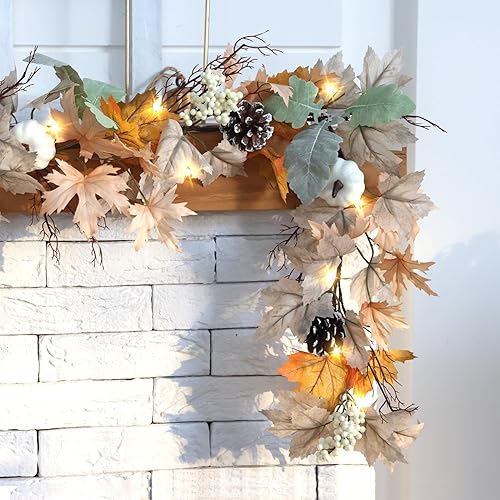 6 FT Fall Garland for Mantle with Lights Neutral Fall