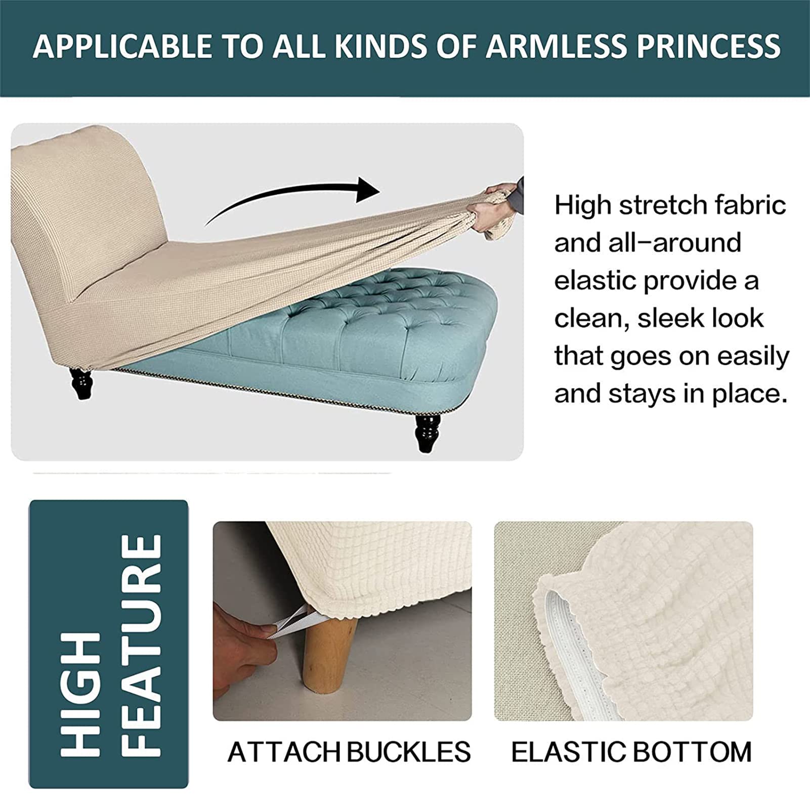 Coprisedile Elasticizzato per Chaise Longue da Soggiorno, coprisedile Senza braccioli, Tessuto Morbido Lavabile in Lavatrice (Beige)