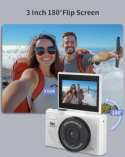 Miniatura 7 de Cámara digital 5K para fotografía con WiFi, cámara de vlogging Ultra HD de 75MP para YouTube con pantalla abatible de 180° de 3 pulgadas, cámaras