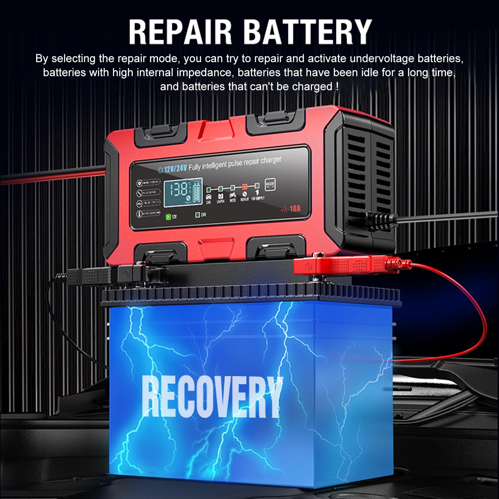 KIMISS Mainteneur de Batterie, Chargeur de Batterie Intelligent ABS 12 V 10 A 24 V 5 A avec écran LCD et Désulfateur, Chargeur de Maintien Automatique pour Voiture, Moto, Camion,