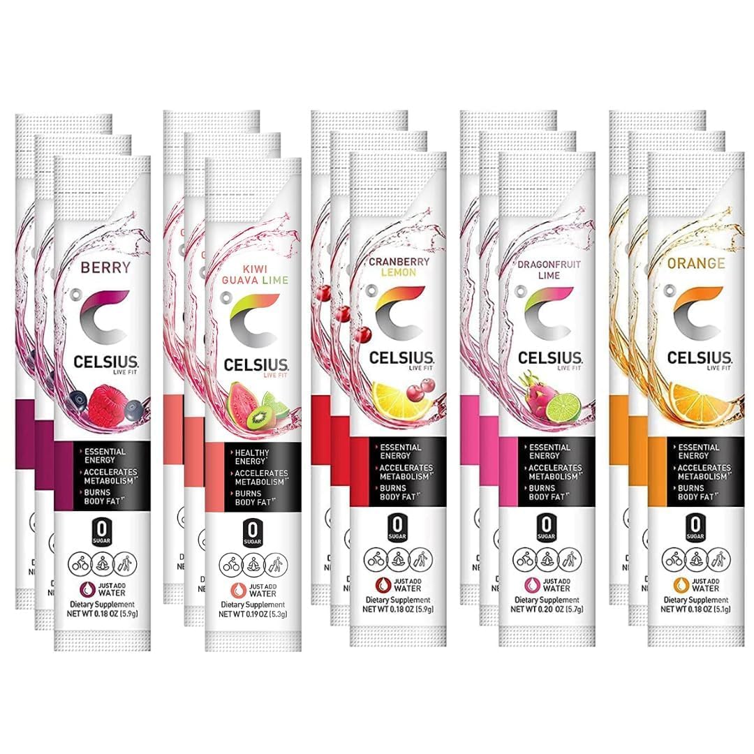 Celsius On-The-Go Powder Sticks - 5 Flavor Variety Pack | Berry, Orange, Kiwi Guava Lime, Dragonfruit Lime & Cranberry Lemon - Zero Sugar | 3 of Each Flavor - Pack of 15