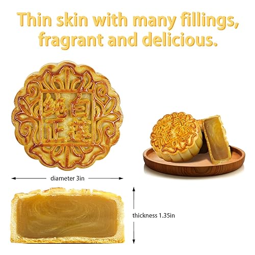 Vista 23 de KWOLYKIM 2 unidades de pasta de loto y pasta de frijoles rojos, pastel de luna tradicional chino postre tradicional de mediados de otoño, pastel