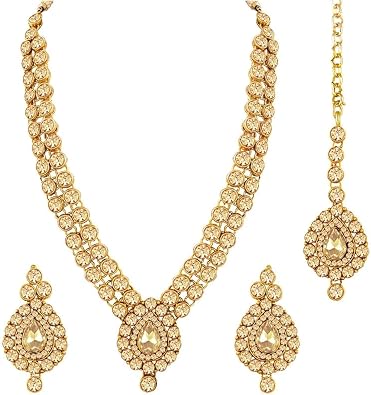 Aheli Indian Wedding Wear Faux Stone Necklace with Maang Tikka Set Elegant Ethnic Bharatanatyam jewellery set Gift for Women