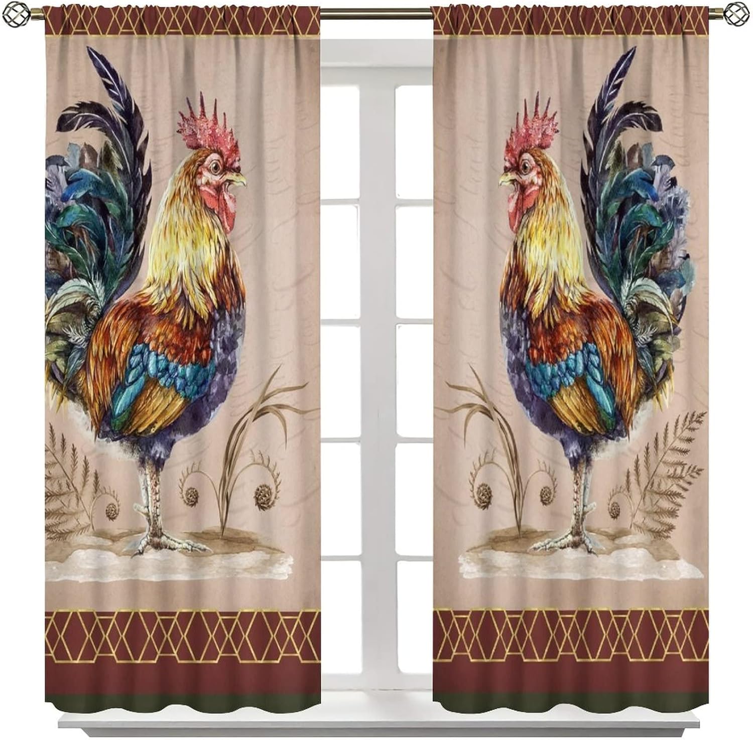 Rooster Blackout Curtains,Western Country Farm Red Rooster Vintage Print Rod Pocket Window Treatments Drapes for Bedroom Living Room