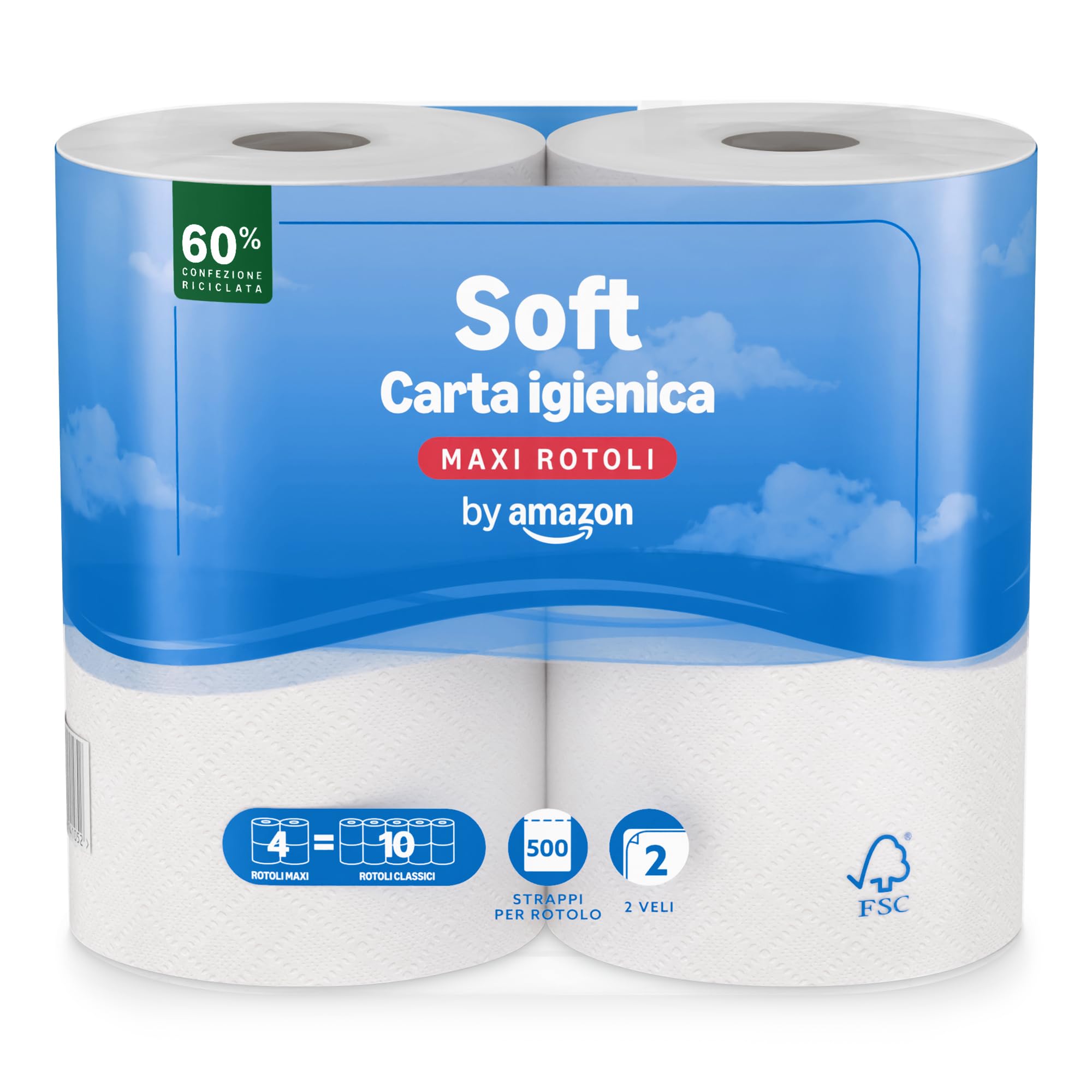by Amazon Papel higiénico (Maxi Roll), acolchado de 2 capas, suave y delicado, 4 rollos (1 paquete de 4), 500 desgarros por rollo, certificado FSC