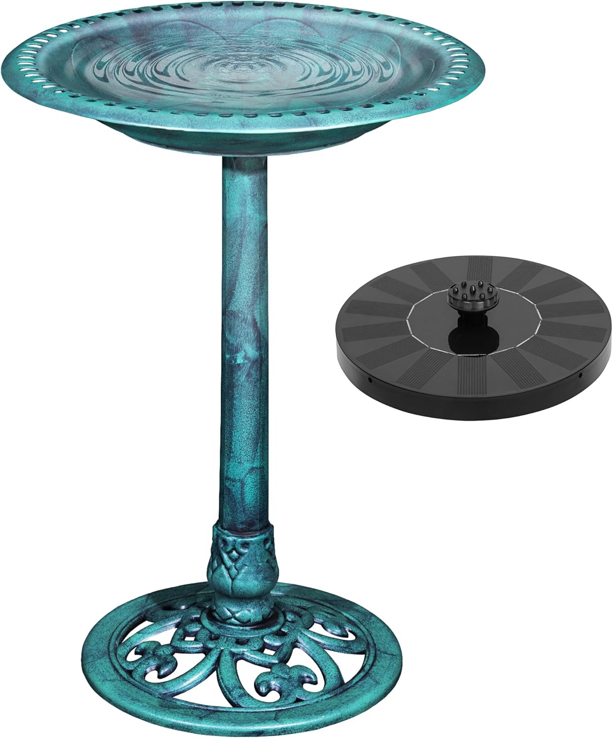 VECELO 28" Pedestal Outdoor Bird Bath with Solar Powered Fountain for Outside, Vintage Bronze Polyresin Lightweight Antique, Yard/Garden Decoration, Green
