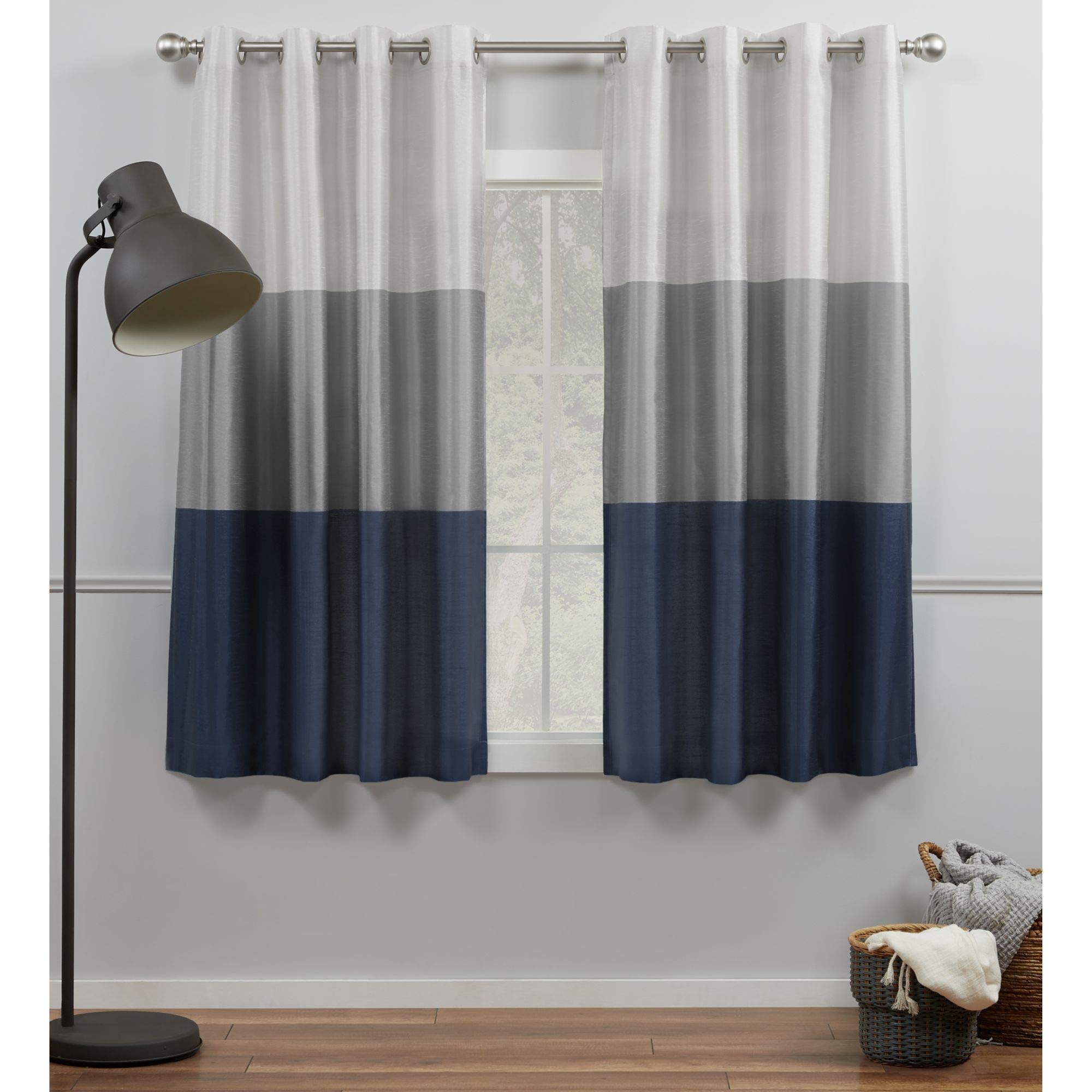 Exclusive Home Chateau Striped Faux Silk Grommet Top Curtain Panel Pair, 54"x63", Navy/Grey